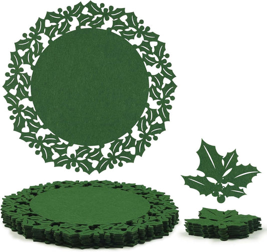 Noctiflorous Round Felt Placemats with Coasters Set of 6 Diameter 13 inch Non Slip Place Mats Heat Resistant Durable Tablemats Fall Table Decorations for Dining Table(Christmas Green, 6)