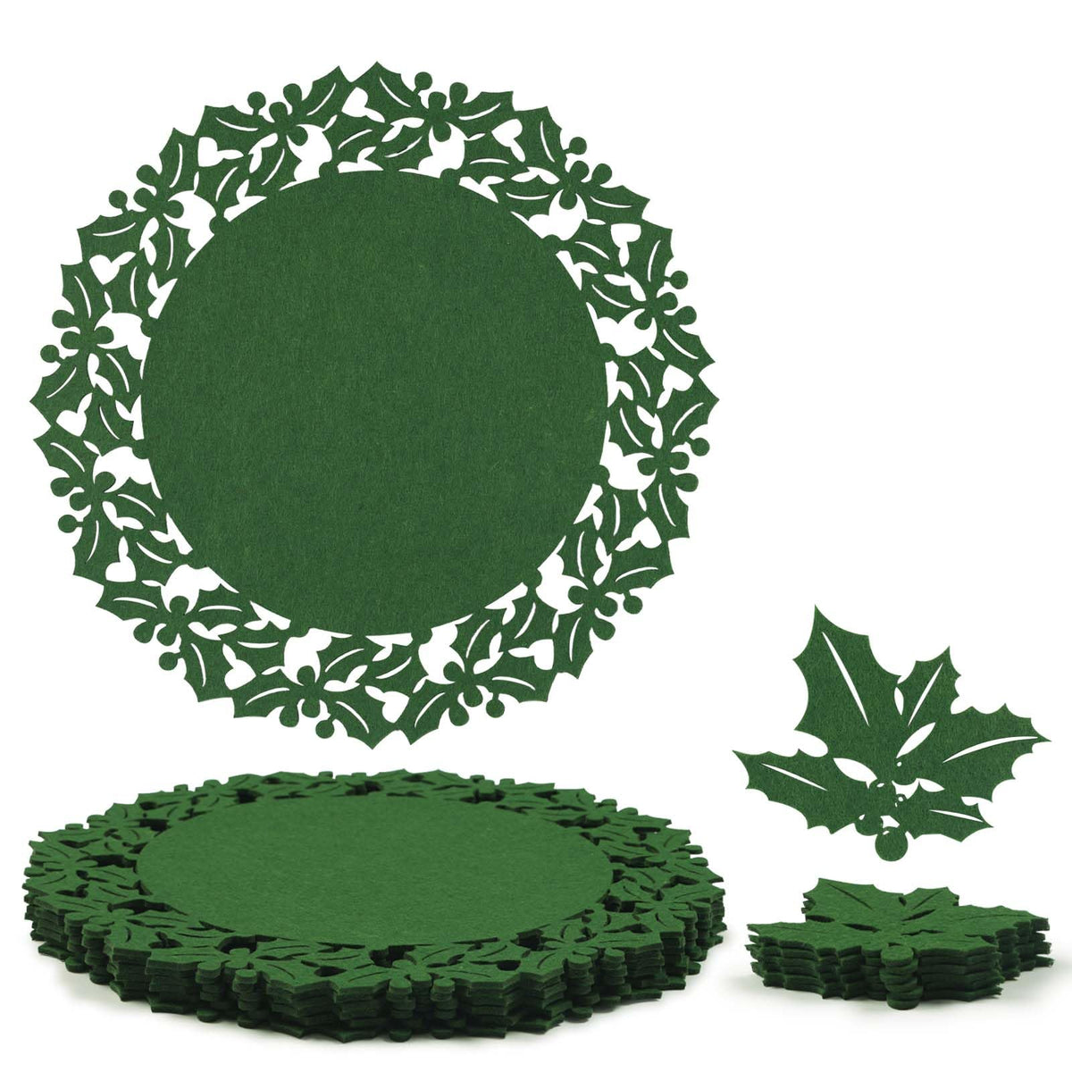 Noctiflorous Round Felt Placemats with Coasters Set of 6 Diameter 13 inch Non Slip Place Mats Heat Resistant Durable Tablemats Fall Table Decorations for Dining Table(Christmas Green, 6)
