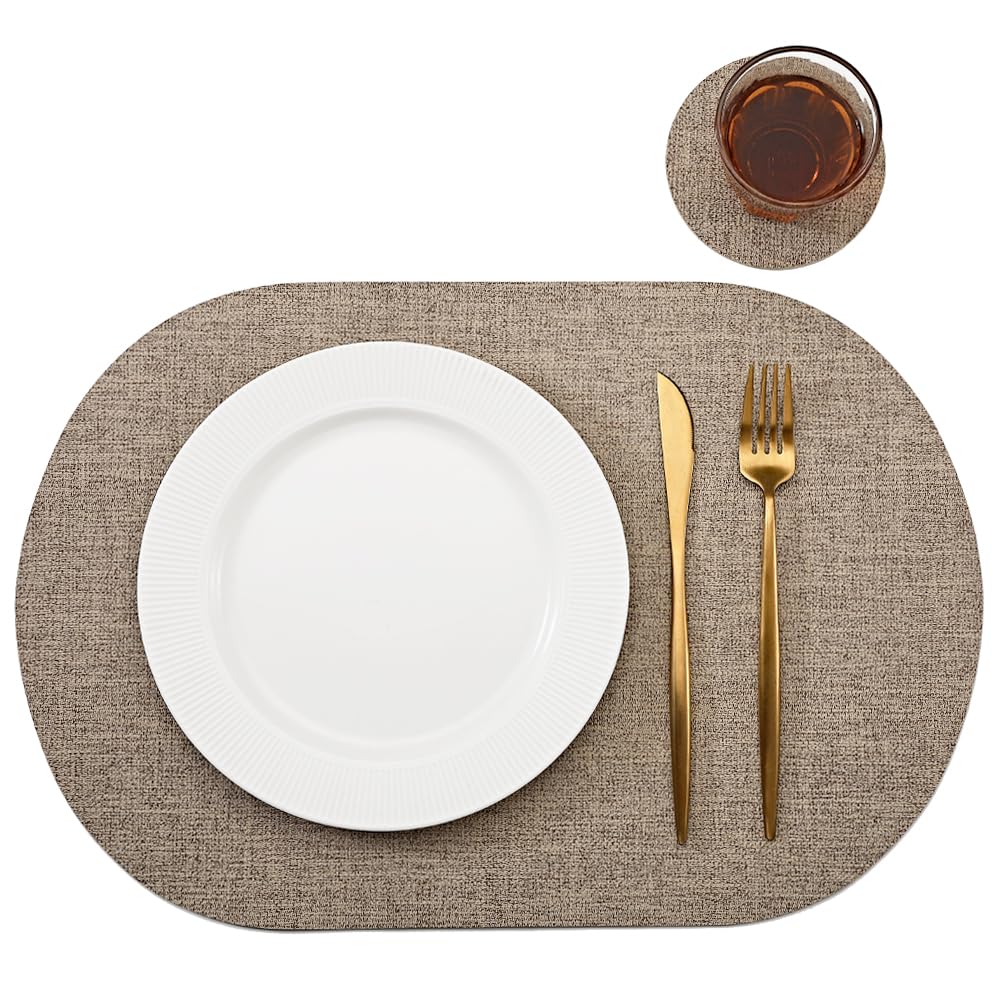 Oval Table Mats Set of 6, Faux Leather Placemats, Heat Resistant & Waterproof(Blue)