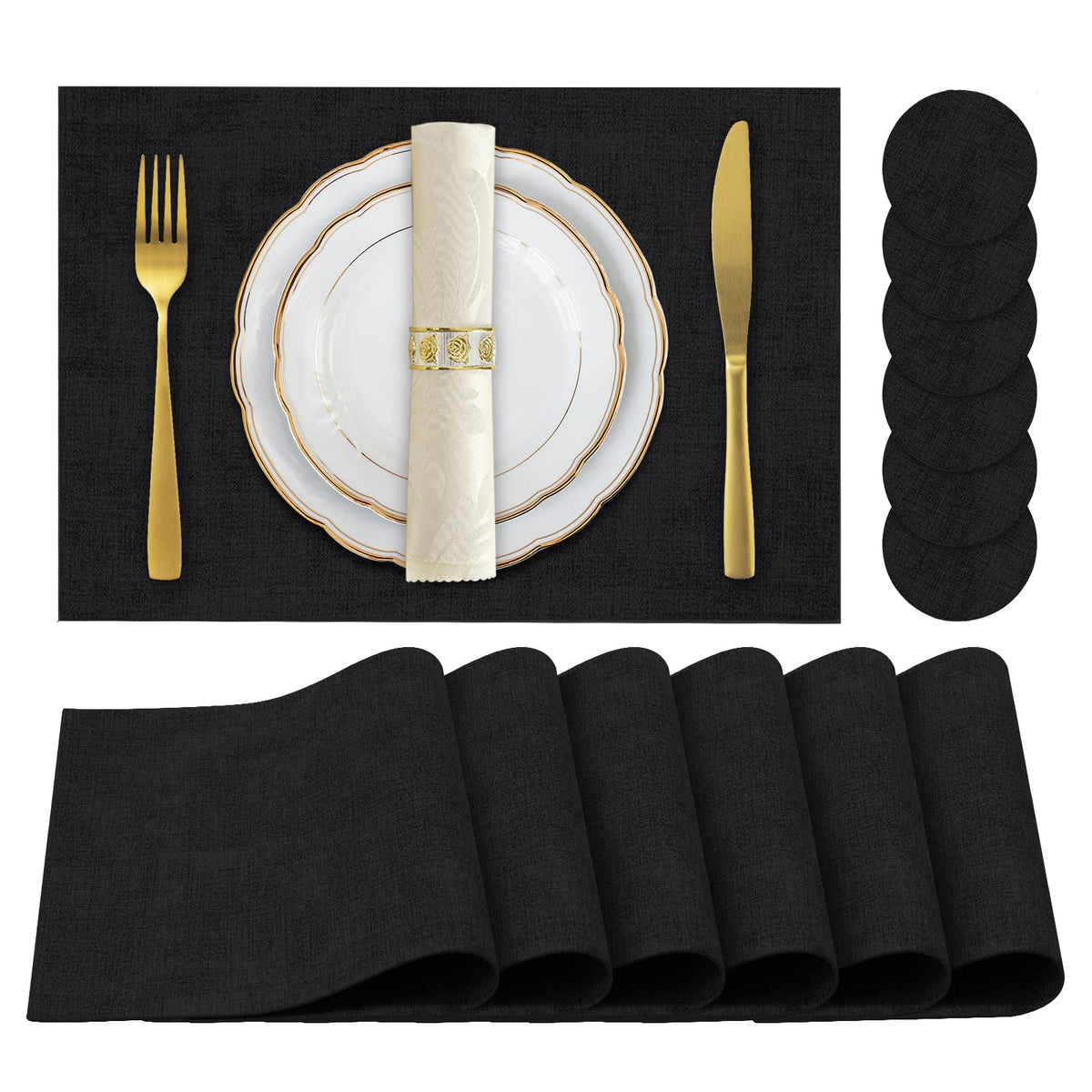 Faux Leather Placemats Set of 6,Heat Resistant Placemats for Dining Table, Easy Clean Non-Slip Place Mats, Waterproof Stain Resistant Wipeable Washable PU Table Mats, (Coffee)