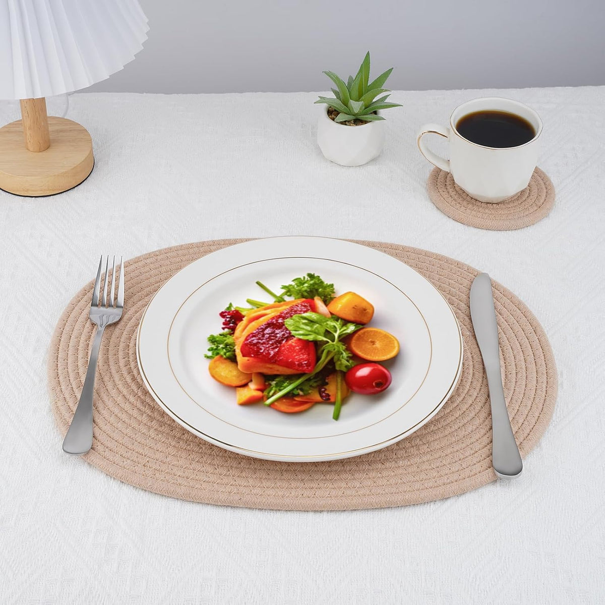 Handmade Boho Placemats Set of 6 Oval – Natural Woven Cotton Farmhouse Table Mats for Dining Table, Fall, Halloween, Thanksgiving, Christmas