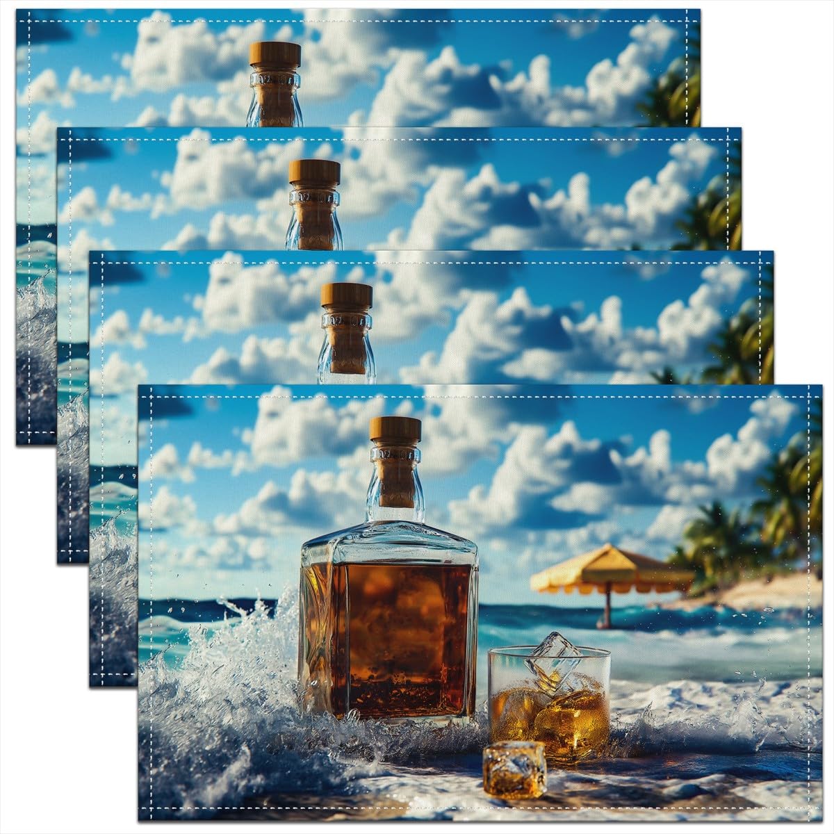 Whisky Placemats for Dining Table,Bar Wine Time Whisky Ice Glass Waterproof Table Place Mat for Party Decor,Rustic Brown Wooden Plank Retro Farmhouse 12"x18" Indoor Table Mats Set of 4