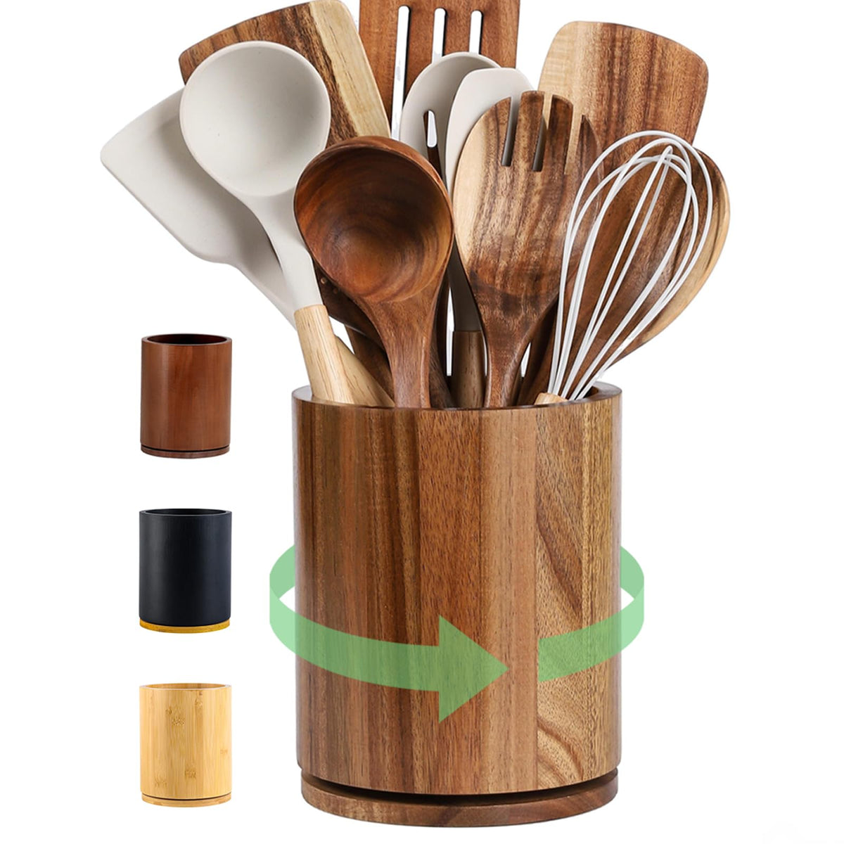 Acacia Wood Utensil Holder, 360° Rotating 7.3 in Kitchen Organizer