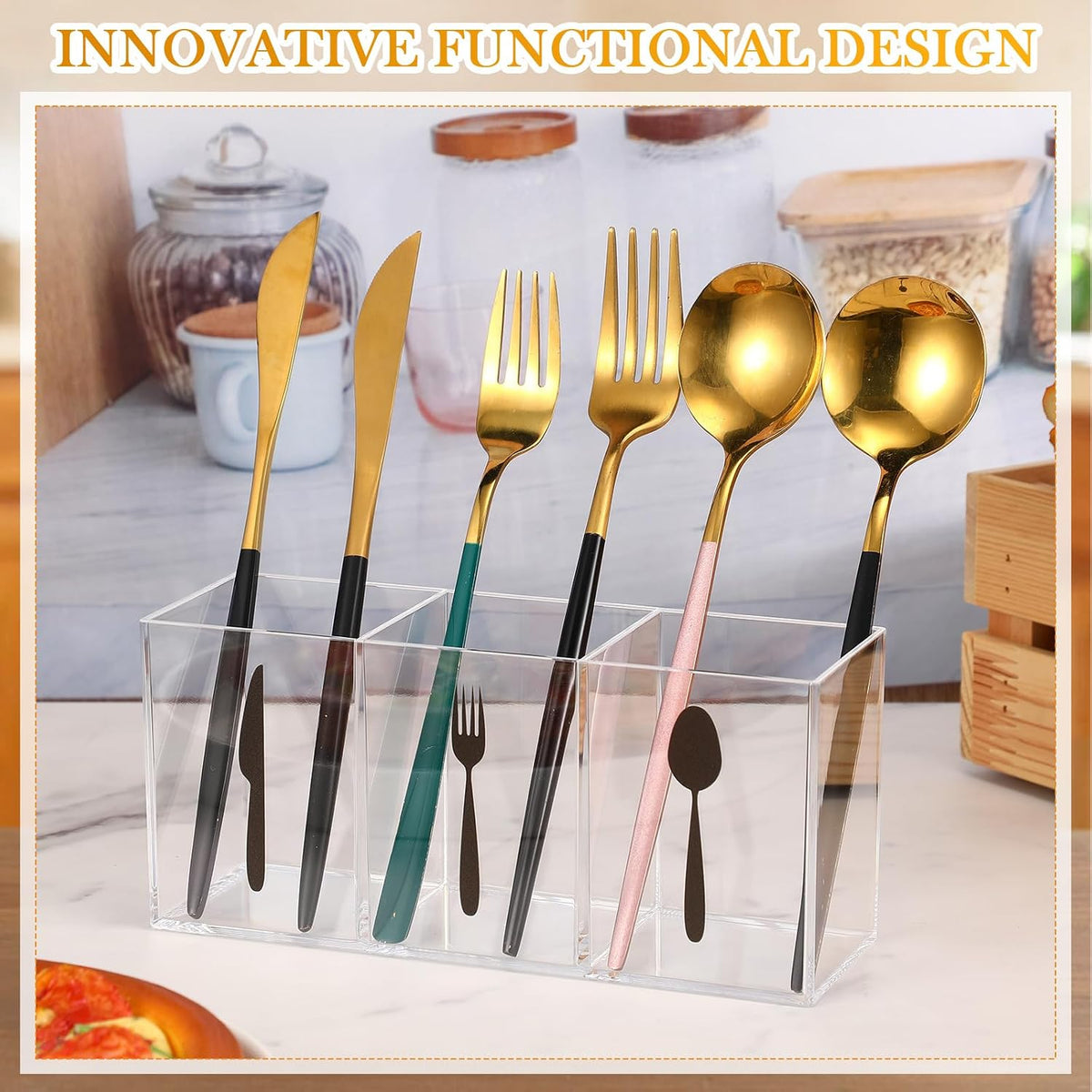 Suzile Acrylic Silverware utensil holder 3 Section,Rectangle,M,Clear