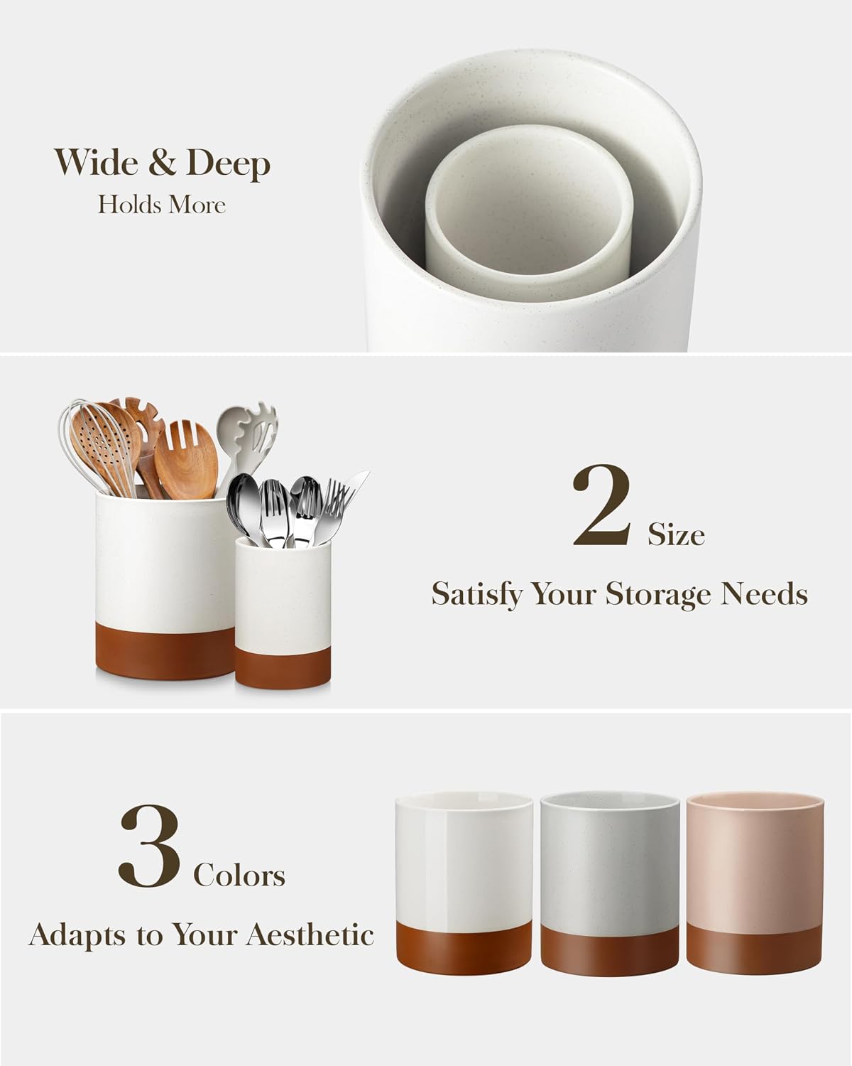 MALACASA Utensil Holder, 7.3"+5.5" Ceramic Kitchen Utensil Holder for Countertop, Large Cooking Utensil Crocks for Kitchen Counter, Farmhouse Utensils Organizer, Set of 2, Khaki White, Series TARA