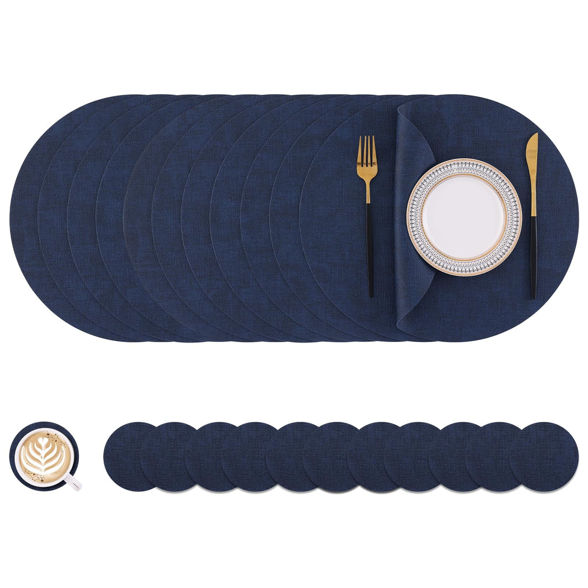 Homaxy Round Faux Leather Placemats and Coasters, Set of 6, Beige