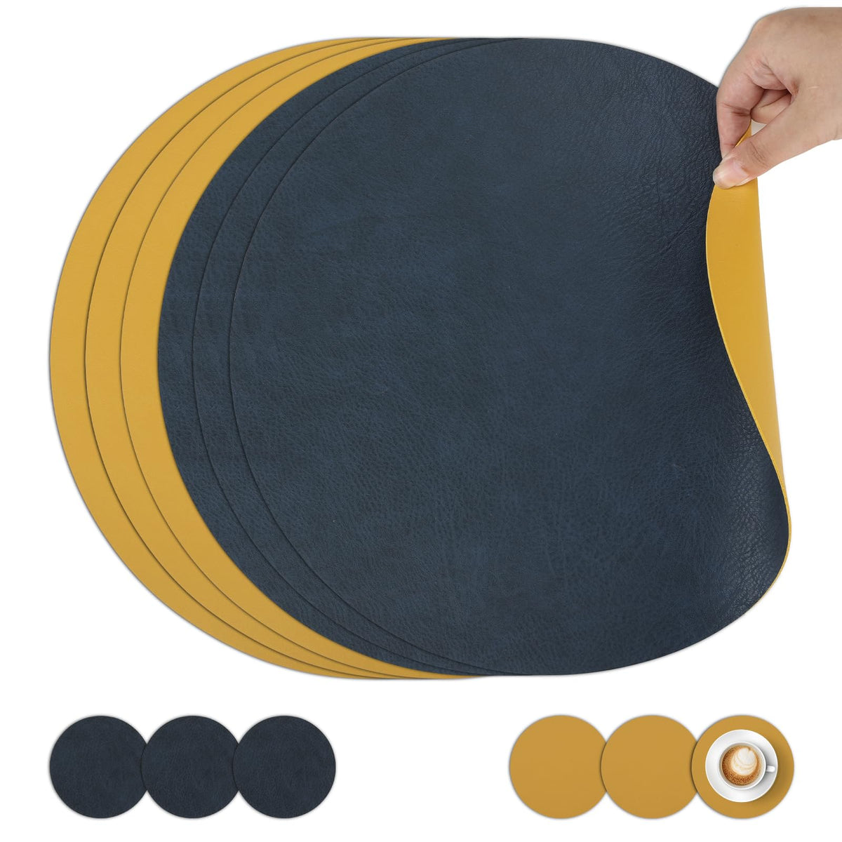 comfoyar Faux Leather Round Placemats with Coasters Set of 6, 13Inch Heat Resistant Dual-Sided Dark Brown Place Mats, Waterproof Washable Wipeable Table Mats for Kitchen Dining Party Table Decoration