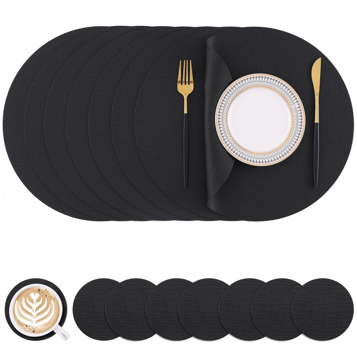 Homaxy Round Faux Leather Placemats and Coasters, Set of 6, Beige