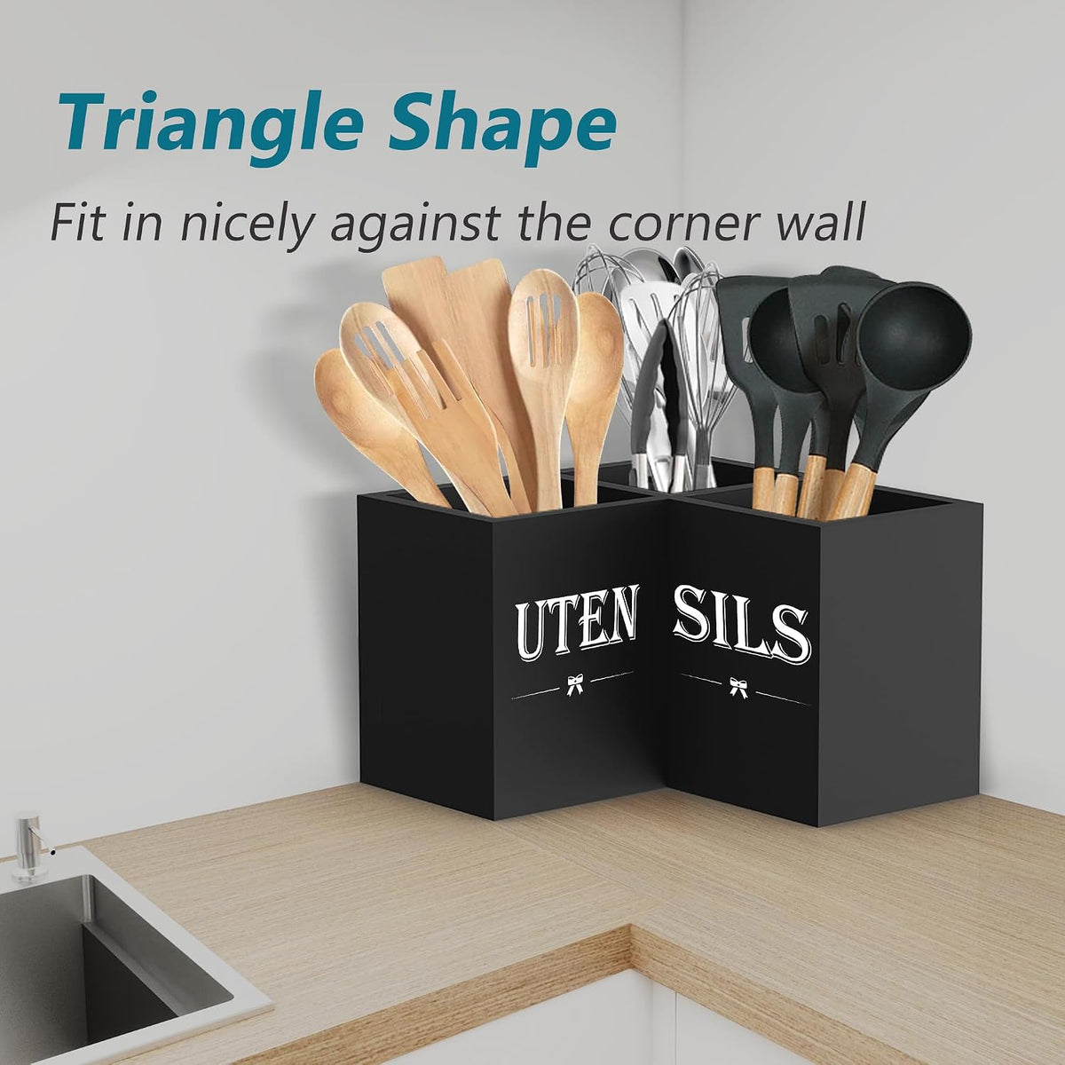 Suli Extra Large Utensil Holder Countertop for Kitchen Counter,Wood,Black