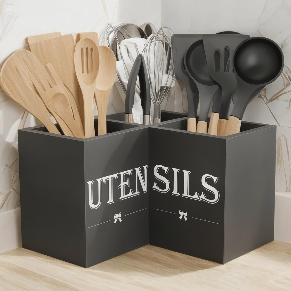 Suli Extra Large Utensil Holder Countertop for Kitchen Counter,Wood,Black