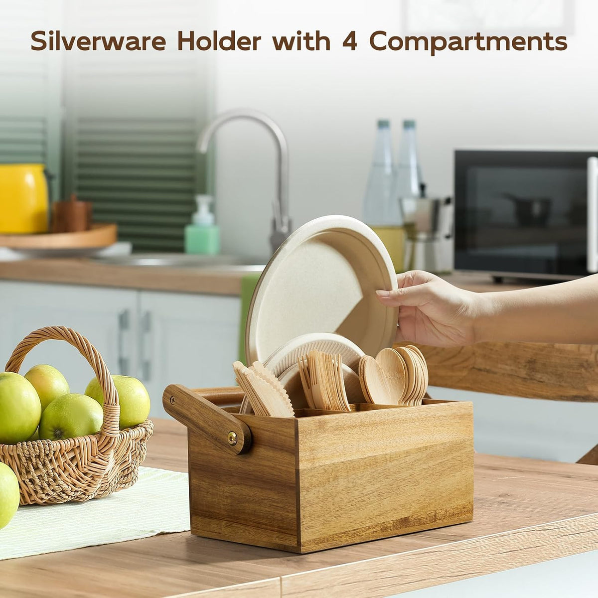 Acacia Silverware Holder, Paper Plate Holders with Handle, Picnic Silverware Caddy for Party, Cutlery Holder for Countertop, Wood Utensil Organizer for Home Kitchen & RV