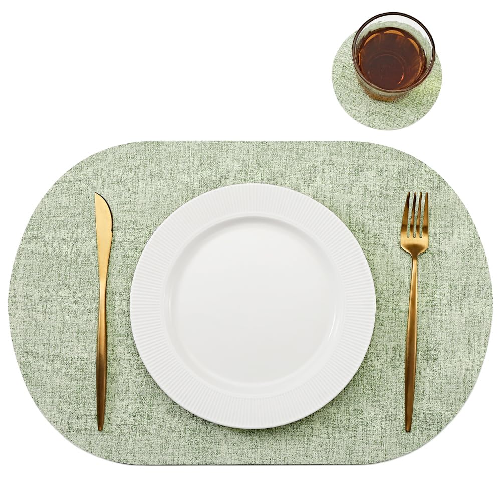 Oval Table Mats Set of 6, Faux Leather Placemats, Heat Resistant & Waterproof(Blue)