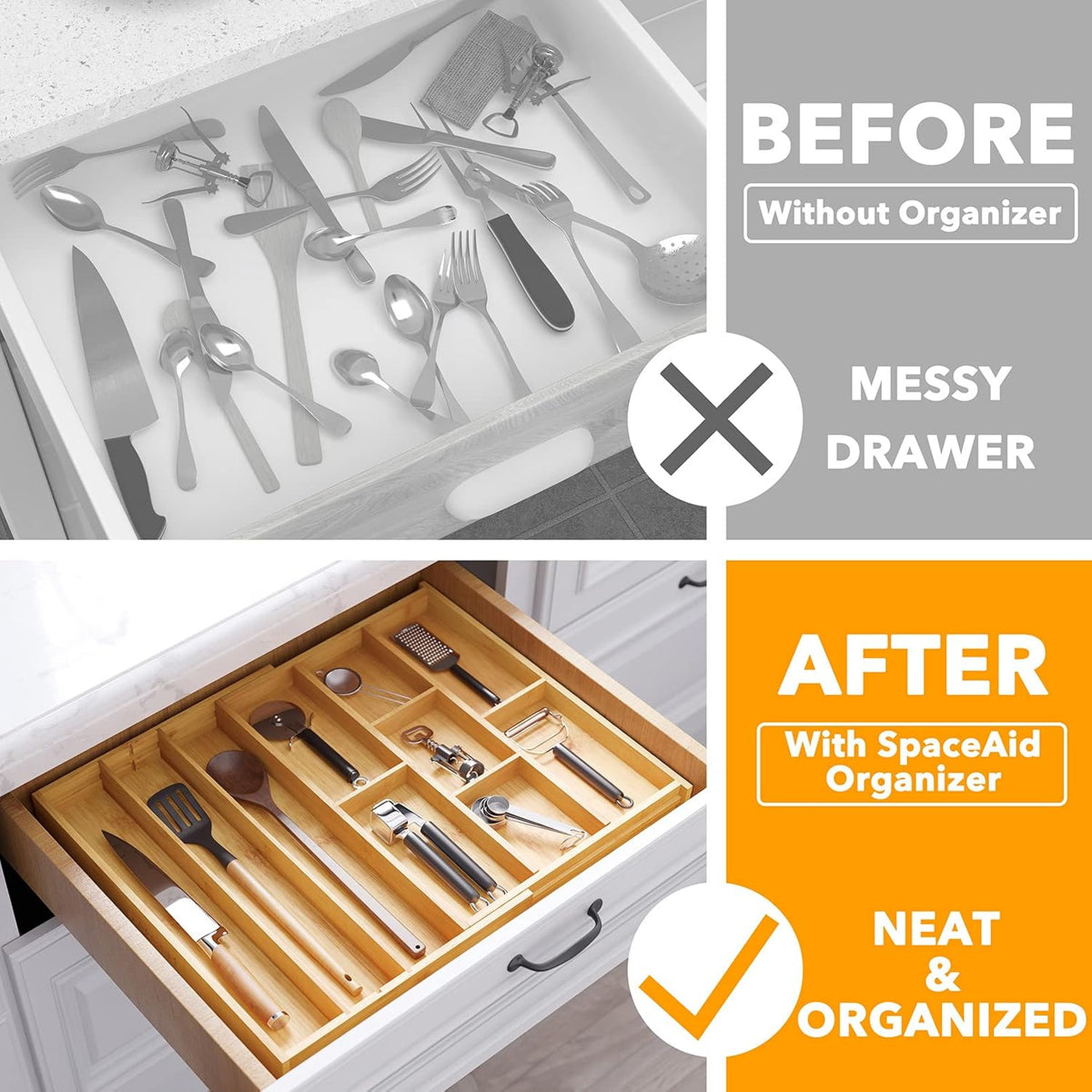 SpaceAid Bamboo Utensil Drawer Organizer with Labels, Kitchen Silverware Expandable Tray Holder Organizer for Flatware, Cutlery, Spoon and Knives Drawer Storage Organization (Natural)