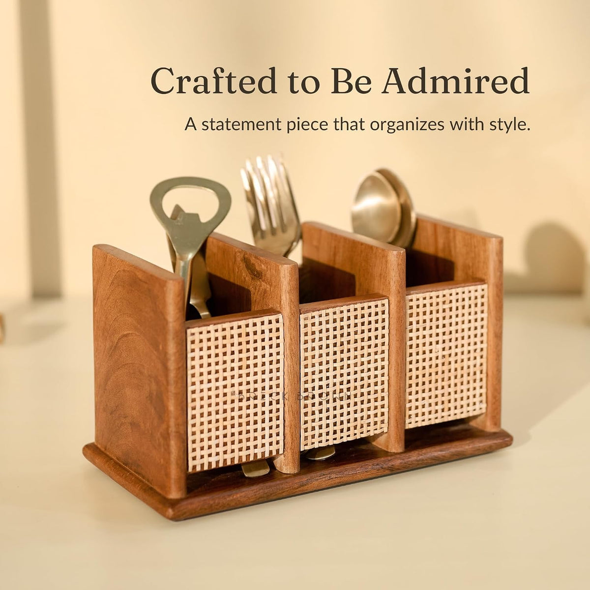Brick Brown ® Premium Wooden Nora Cutlery Holder Spoon Stand for Kitchen | Cutlery holder for Dining table | Wooden Caddy Storage Organiser Stand with 3 Section Caddy Holder (8.4x4x4.7 inch)