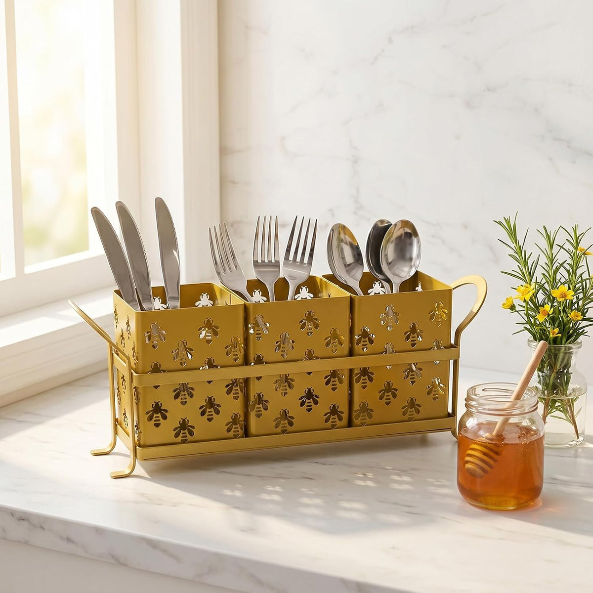 Silverware Holder with Bee Design, Metal Utensil Caddy with Handles