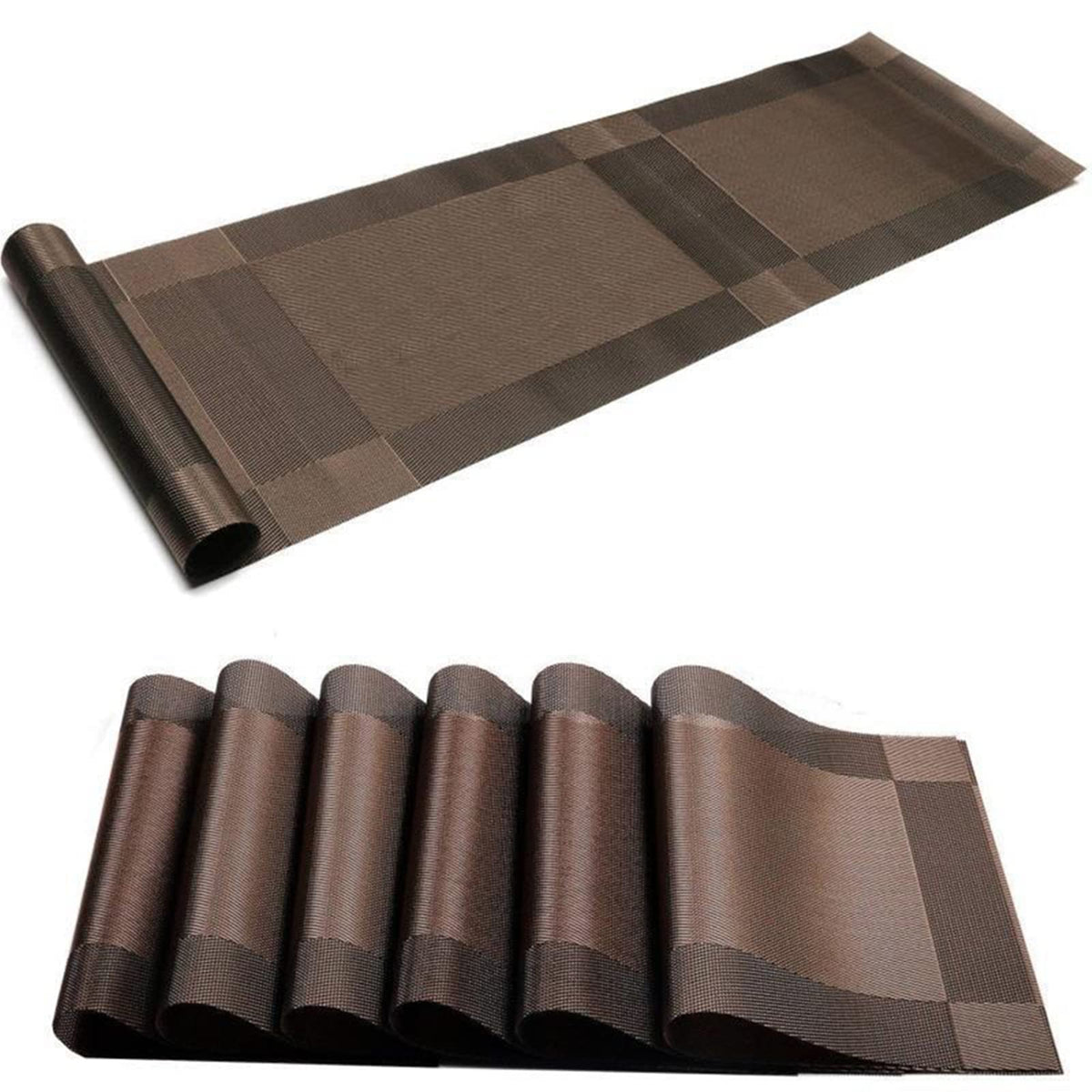 Placemats, Washable PVC Table Mats, Woven Vinyl Placemat for Dining Table Place Mats Set (6 Placemats and 1 Table Runner, Black and Grey)
