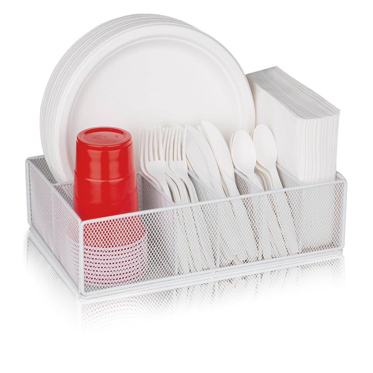 Paper Plate Organizer for Countertop, Metal Silverware Caddy for Cup, Napkin, Fork, Spoon, Paper Plate and Utensil Holder, Cutlery Caddy for Party, Camping, Picnic (Black)