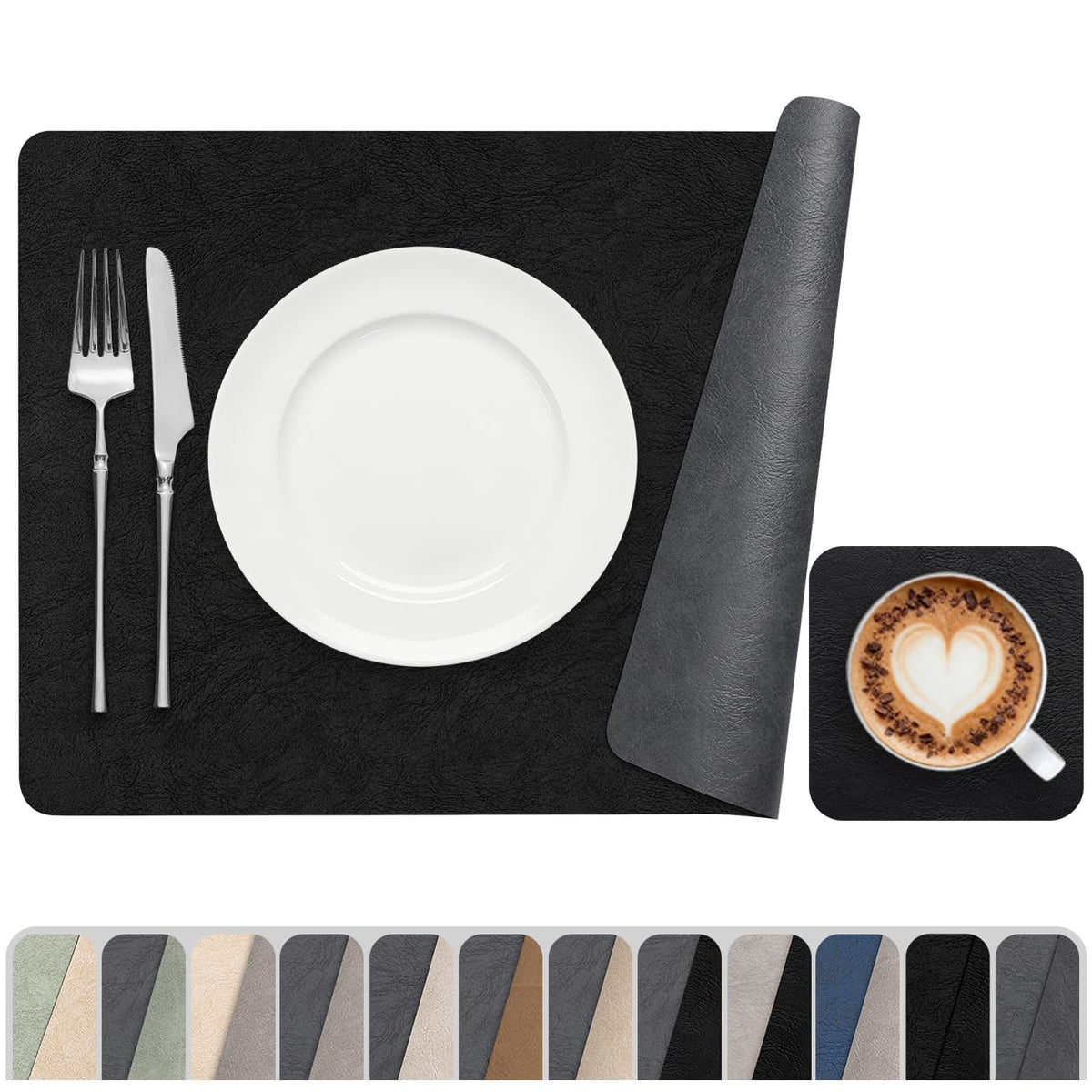 Vinyl Placemats Set of 6, Dual Sided Place Mats with Drink Coasters