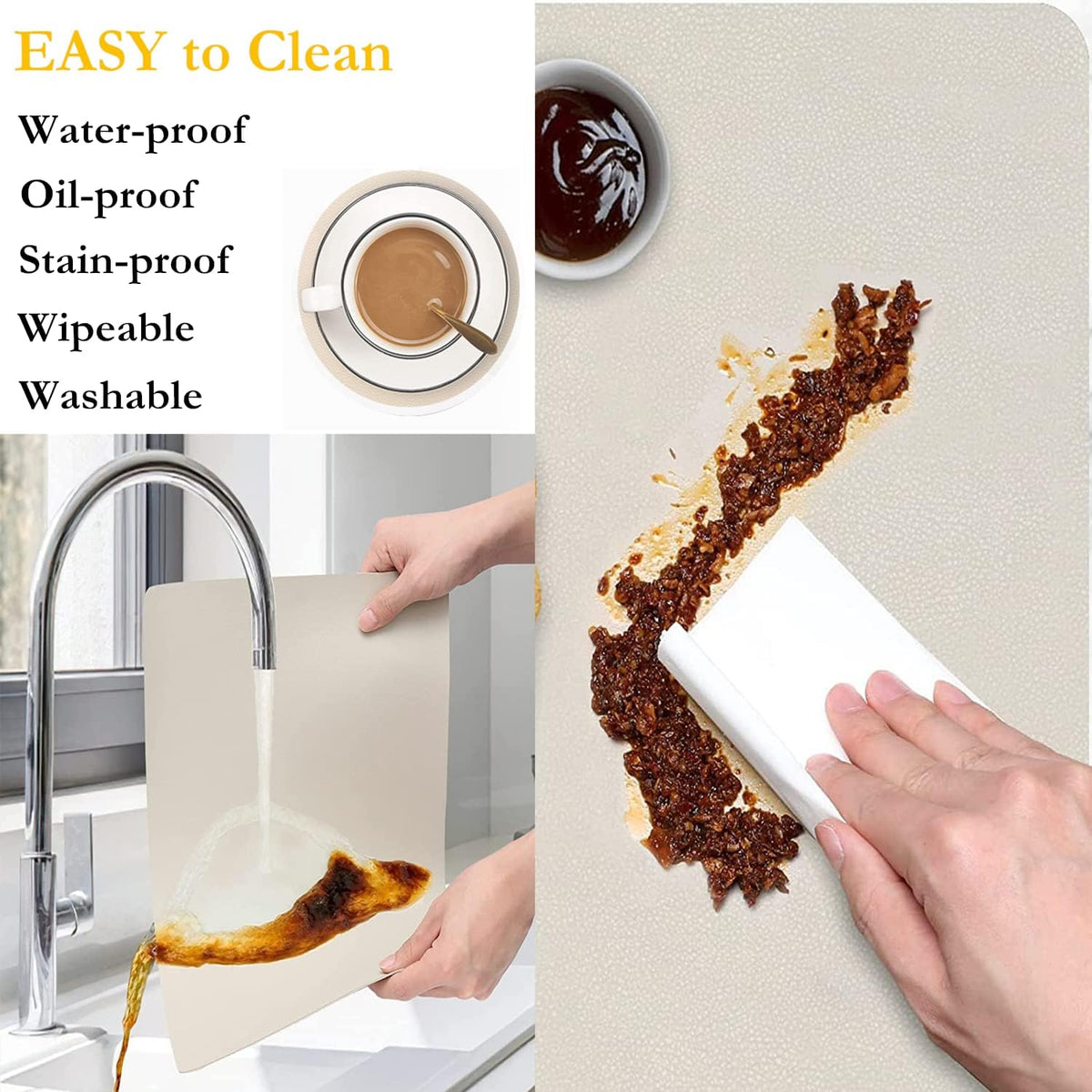 Placemats Set of 6, Faux Leather Place Mats with Coasters, Waterproof, Stain Resistant, Heat Resistant, Easy to Clean PU Table Mats for Dining Table and Decor (Set of 6, Rectangle Cream White)