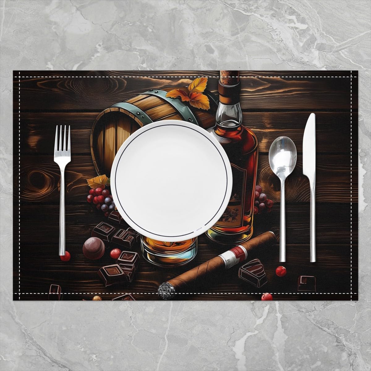 Whisky Placemats for Dining Table,Bar Wine Time Whisky Ice Glass Waterproof Table Place Mat for Party Decor,Rustic Brown Wooden Plank Retro Farmhouse 12"x18" Indoor Table Mats Set of 4