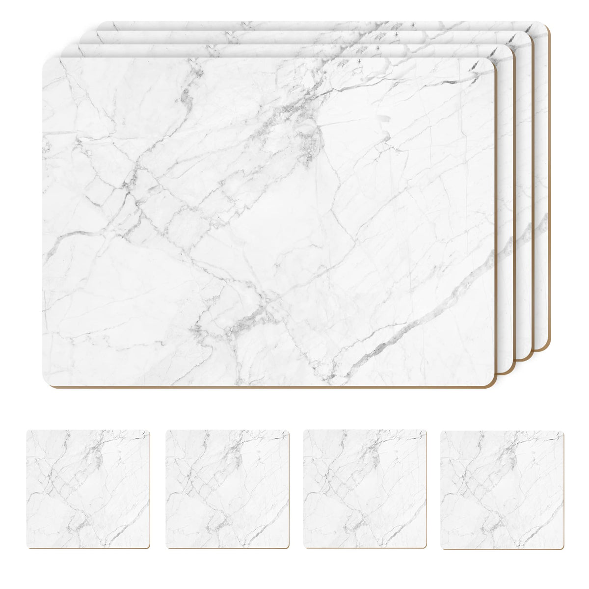 Set of 4 Heat Resistant Cork Placemats for Dining Table with Free Set of 4 Matching Drink Coasters Marble Design 16 x 12 Inches Cork Backed Hard Placemats (Black & Gold)