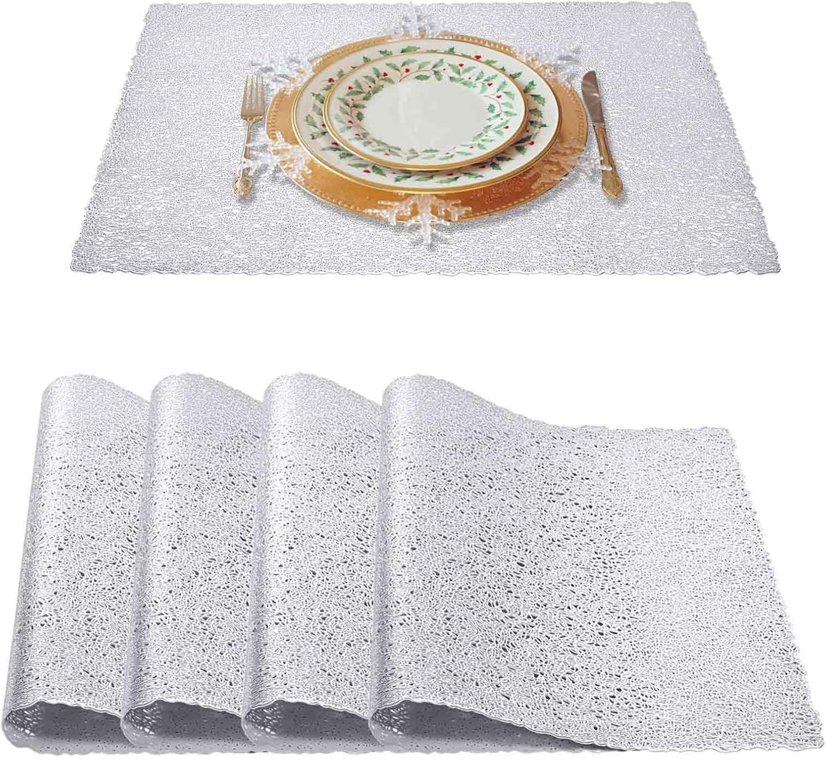 GIVERARE Placemats Set of 4, Round Heat-Resistant Vinyl Placemat, 15 inch Non-Slip Washable PVC Table Mat, Easy to Clean Premium Plastic Mats for Dining Table, Kitchen Table (Gold)