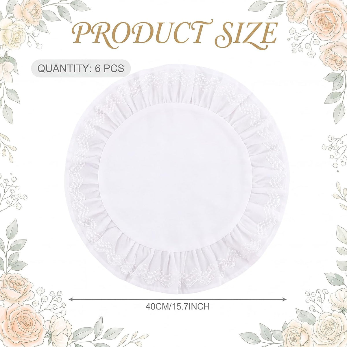 Set of 6 White Ruffled Round Placemat, Lace Embroidered Place Mat, 15.7''