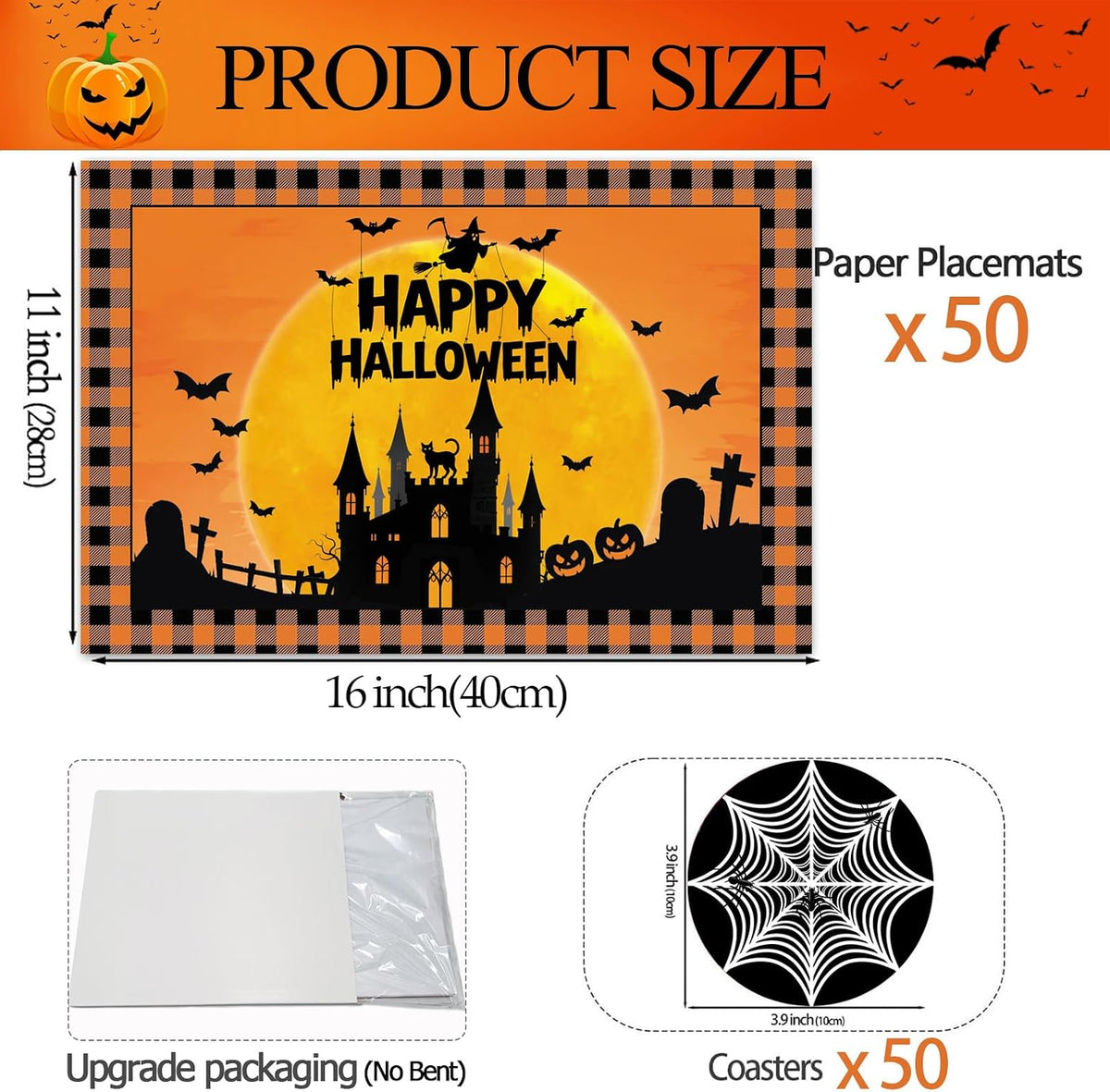 50Pcs Halloween Paper Placemats, Ghost Bat Pumpkin Disposable Placemats with Coasters - 11 x 16 Inch Halloween Place Mats Table Mats Decoration for Party Kitchen Dining Table Decor