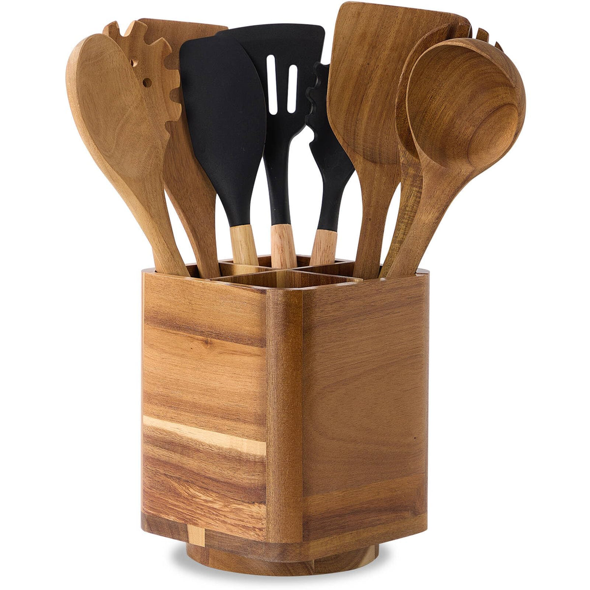 Acacia Wood Utensil Holder, 360° Rotating, Large Countertop Organizer, Farmhouse Kitchen Decor