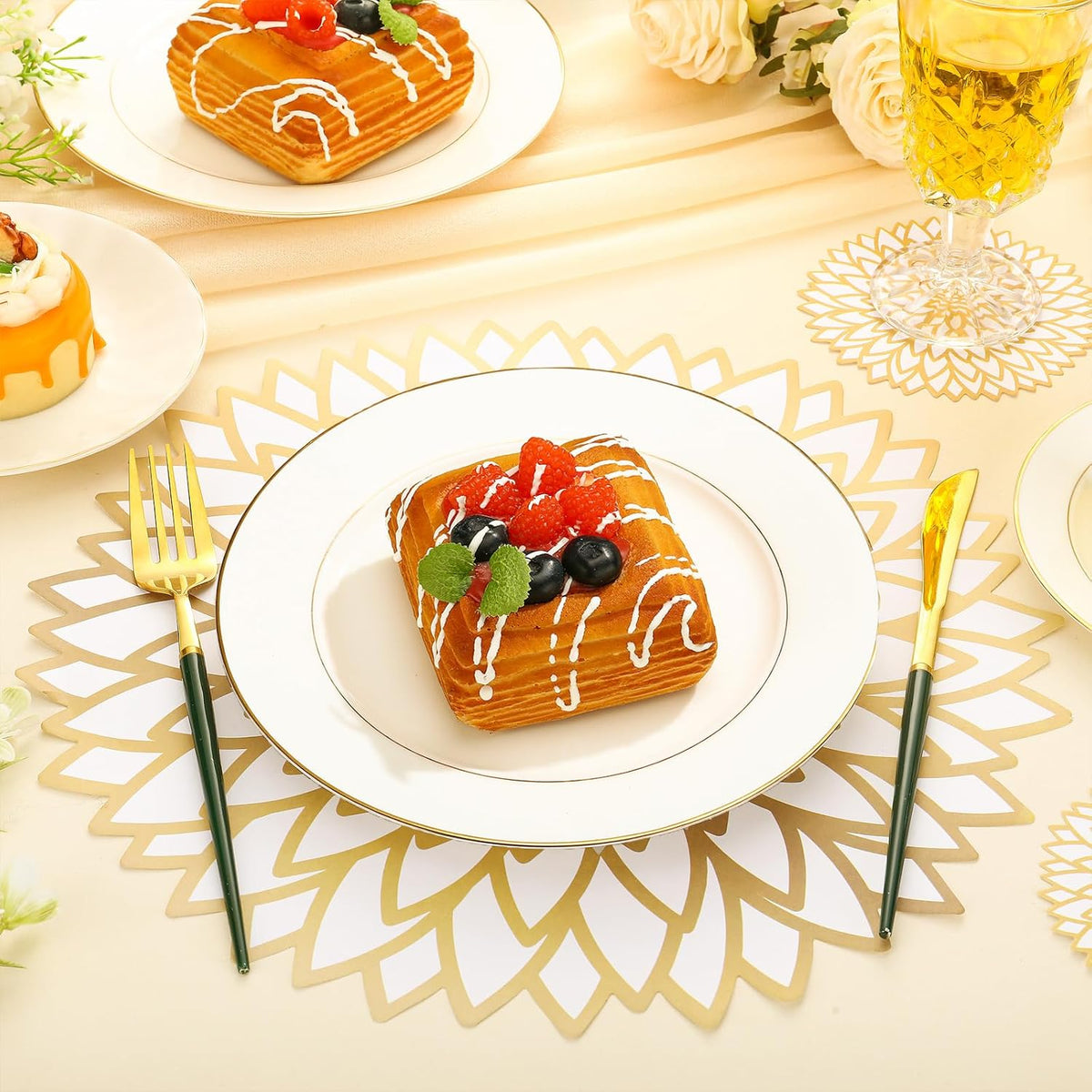 Geosar 200 Pcs Gold Round Disposable Paper Placemats Set 13 Inch