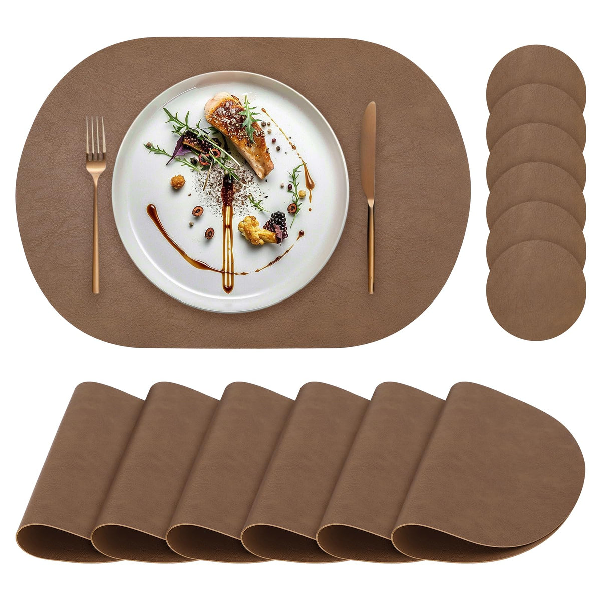 Faux Leather Placemats Set of 4 with Matching Coasters, Heat Resistant PU Oval Placemats, Waterproof Wipeable Washable Place Mats, Non-Slip Table Placemats for Dining Table Kitchen Patio