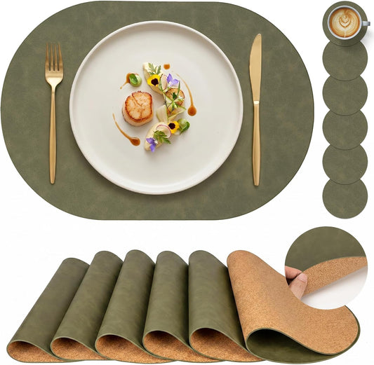 Premium Oval Faux Leather Placemat & Coaster Set with Innovative Cork-Look Printed Base，4/6/8-Piece Sets & 8 Colors，Non-Slip Dining Table Mats for Kitchen Dining