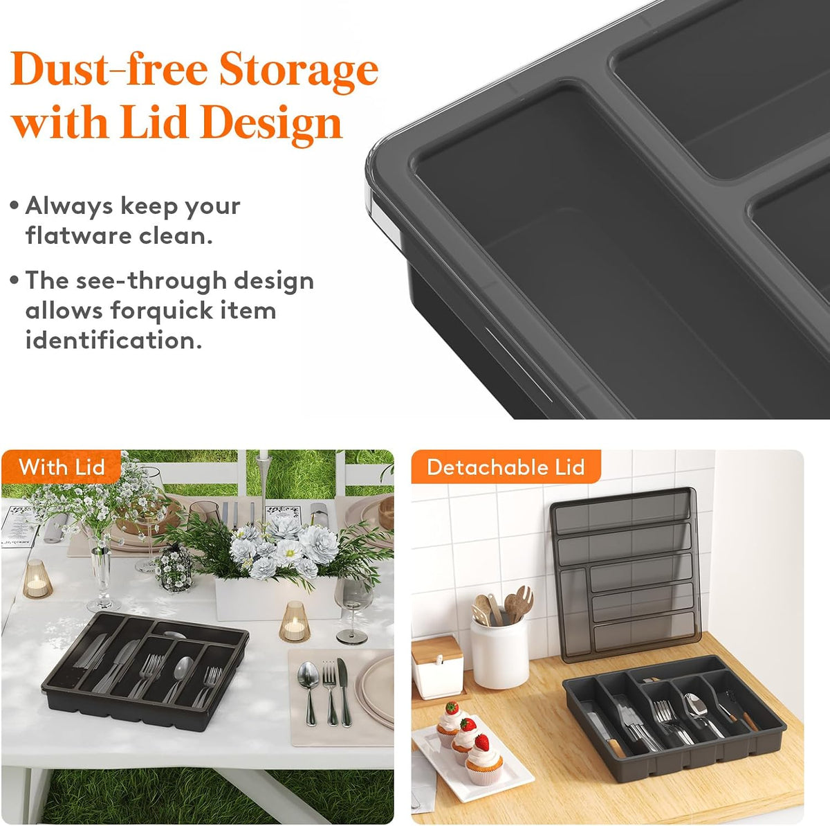 Lifewit Silverware Organizer with Lid, Covered Utensil Tray, 12.6x11.8
