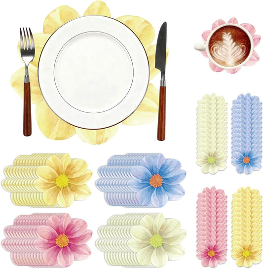 Qinyoung 96 Pcs Floral Paper Placemats and Coasters Set Disposable