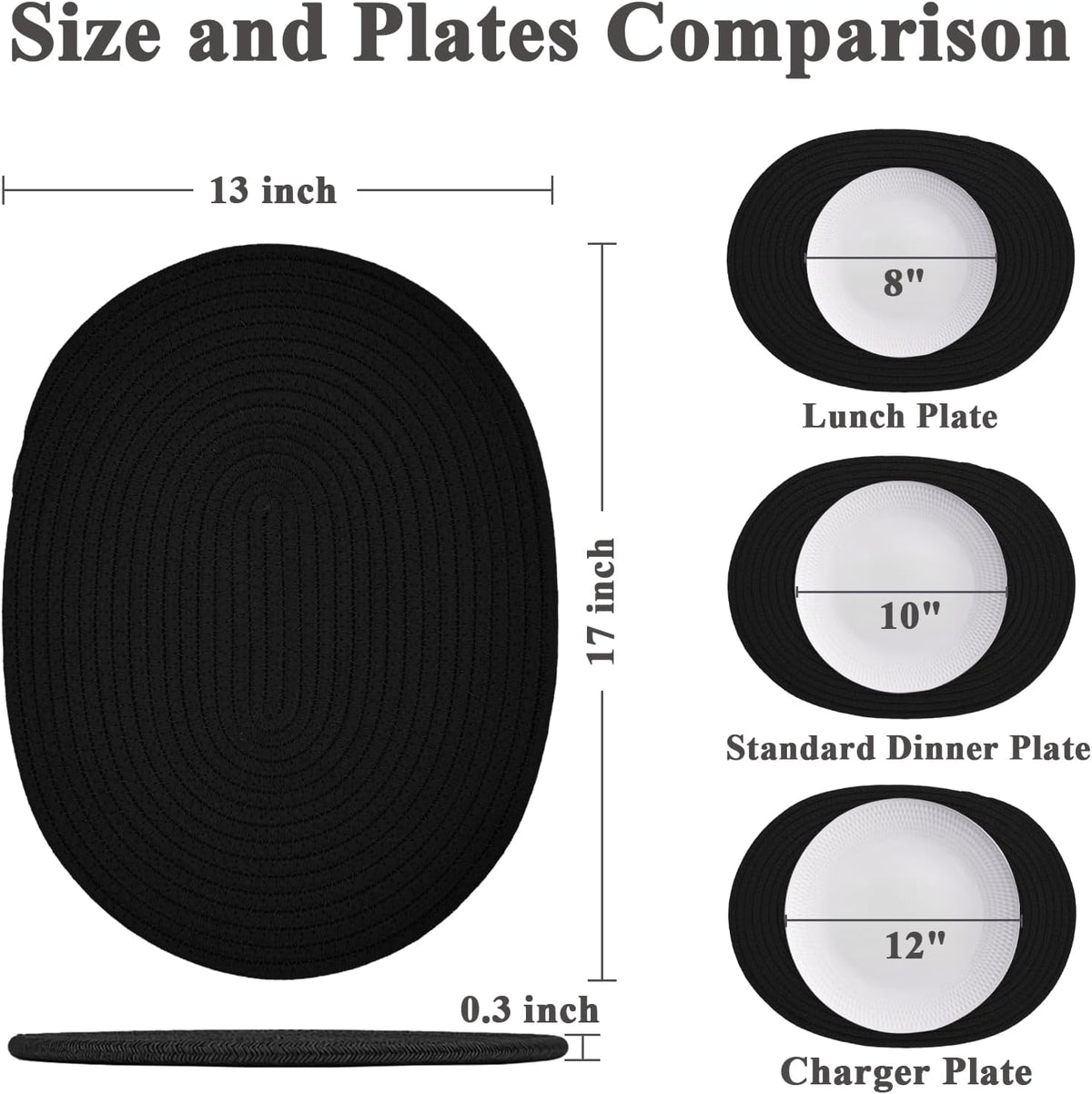 Oval Woven Cotton Placemats Set of 6, Thick Braided Rope Table Mats, 17 x 13 Inches Large Non Slip Heat Resistant Place Mats for Dining Table, Farmhouse Boho Hot Pads for Kitchen Decor (6, Black)