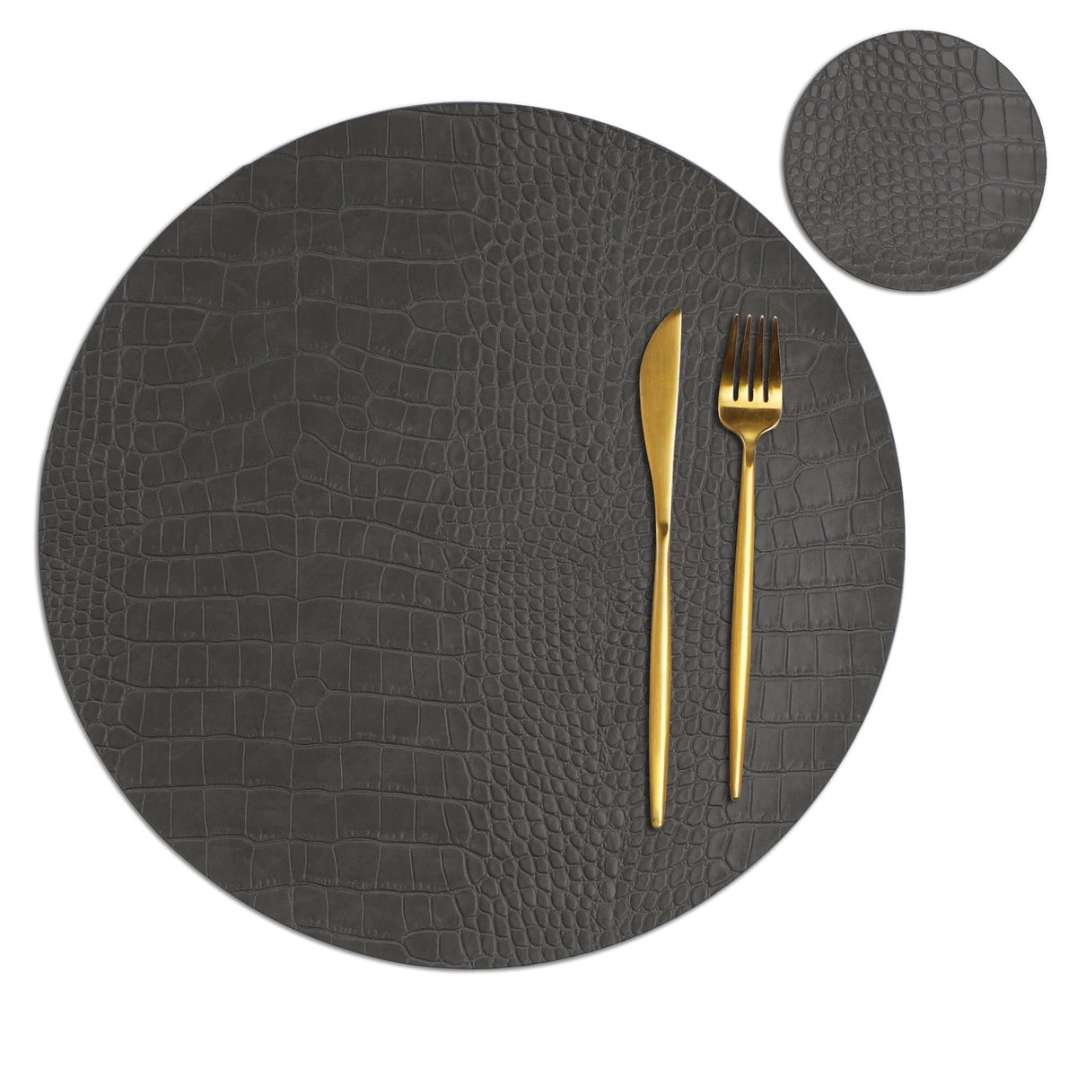 Jovono Round Leather Placemats for Round Tables Set of 4, Brown Place Mats and Coasters, Wipeable Waterproof Heat Resistant Table Mats Easy to Care for Indoor Decor 13 inch Diameter