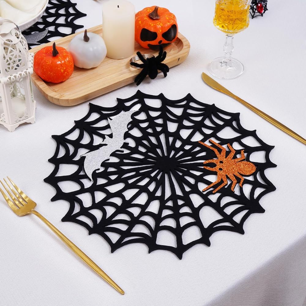 Halloween Spider Web Placemats Heat Insulated Place Mats Hollow Out Black Spiderweb Coasters Placemat for Dining Table Decoration Party Supplies Decor, 4 Pcs