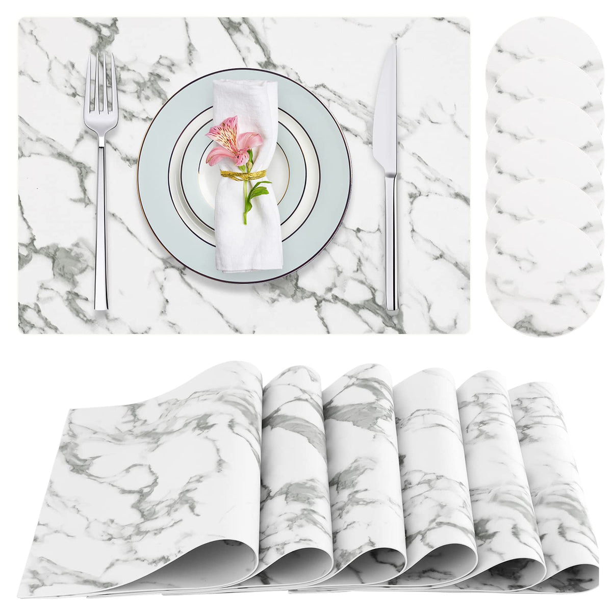 Faux Leather Placemats Set of 6,Heat Resistant Placemats for Dining Table, Easy Clean Non-Slip Place Mats, Waterproof Stain Resistant Wipeable Washable PU Table Mats, (Coffee)