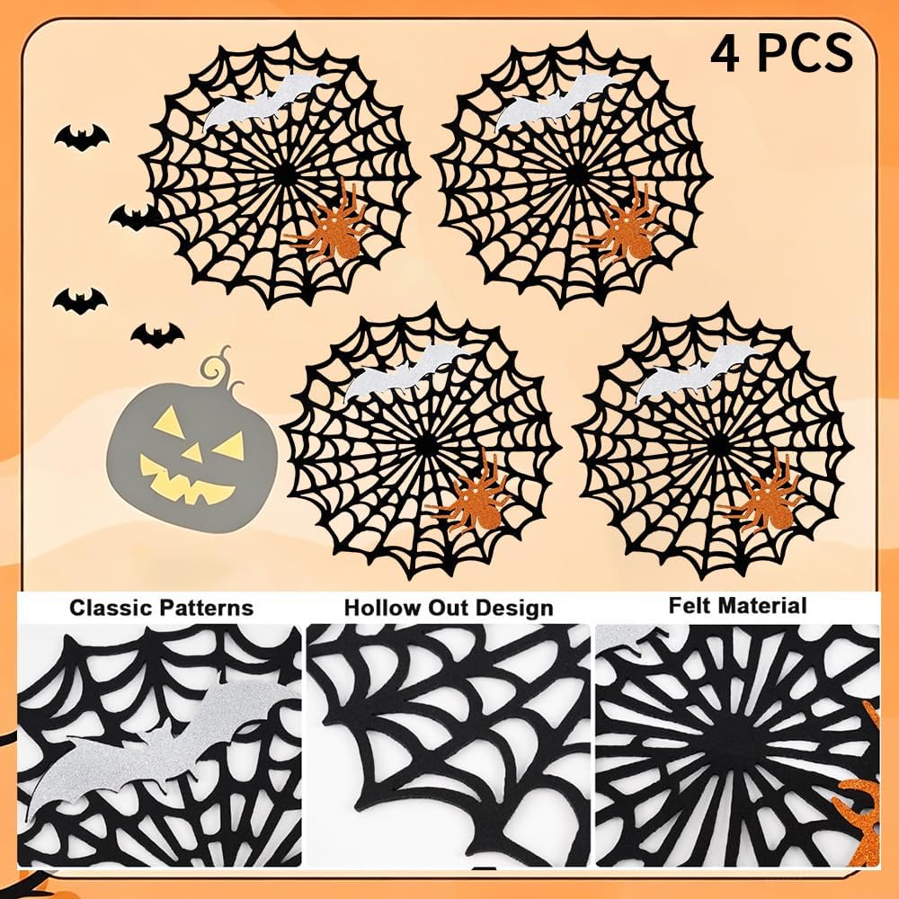 Halloween Spider Web Placemats Heat Insulated Place Mats Hollow Out Black Spiderweb Coasters Placemat for Dining Table Decoration Party Supplies Decor, 4 Pcs