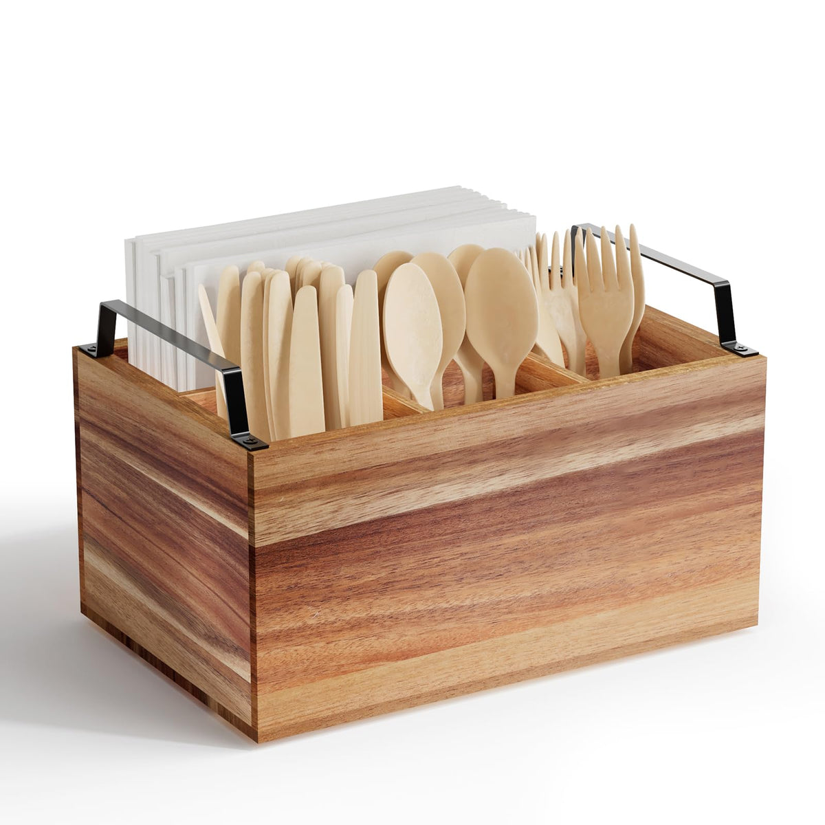 Acacia Wood Utensil Holder, Wooden Silverware Caddy for Party, Wooden Silverware Caddy Organizer, Utensil Holder for Party, Utensil Organizer for Countertop