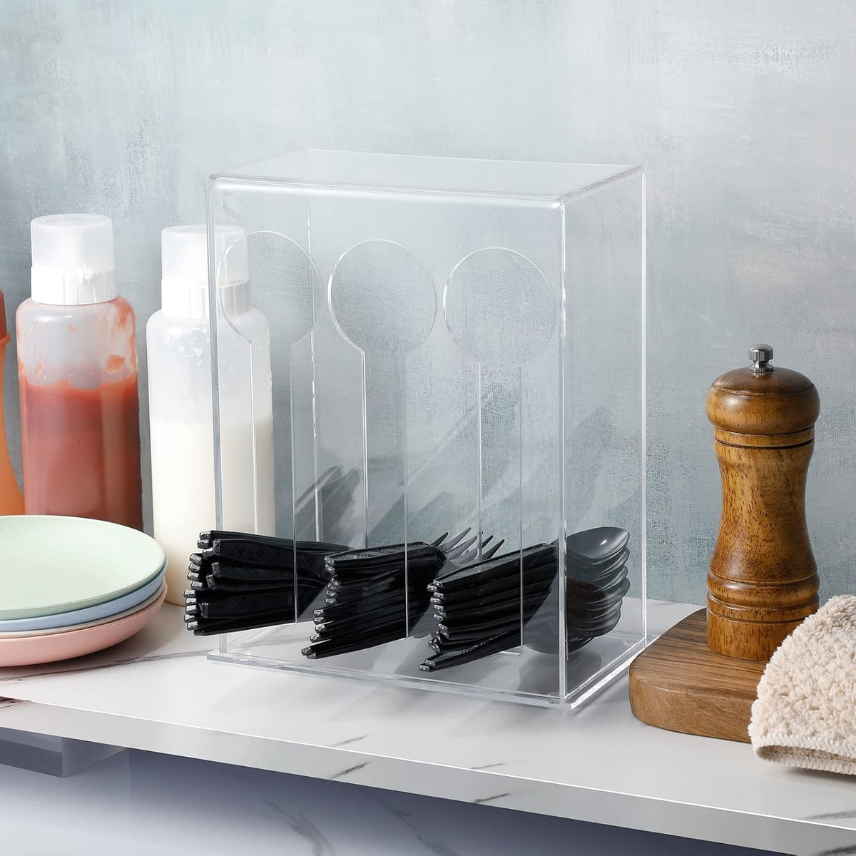 Vesici Plastic Utensil Dispenser Utensil Holder, 3 Compartment, Clear