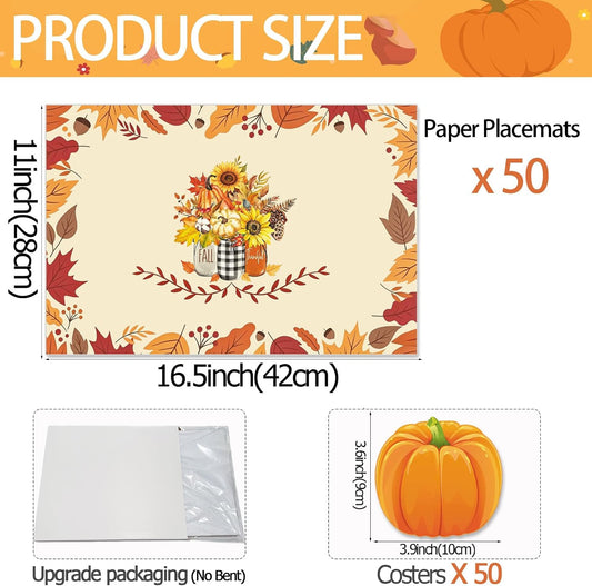 50Pcs Fall Paper Placemats, Autumn Pumpkins Disposable Placemats, 11 x 17 Inch Seasonal Thanksgiving Table Mats for Fall Party Kitchen Dining Thanksgiving Table Decoration