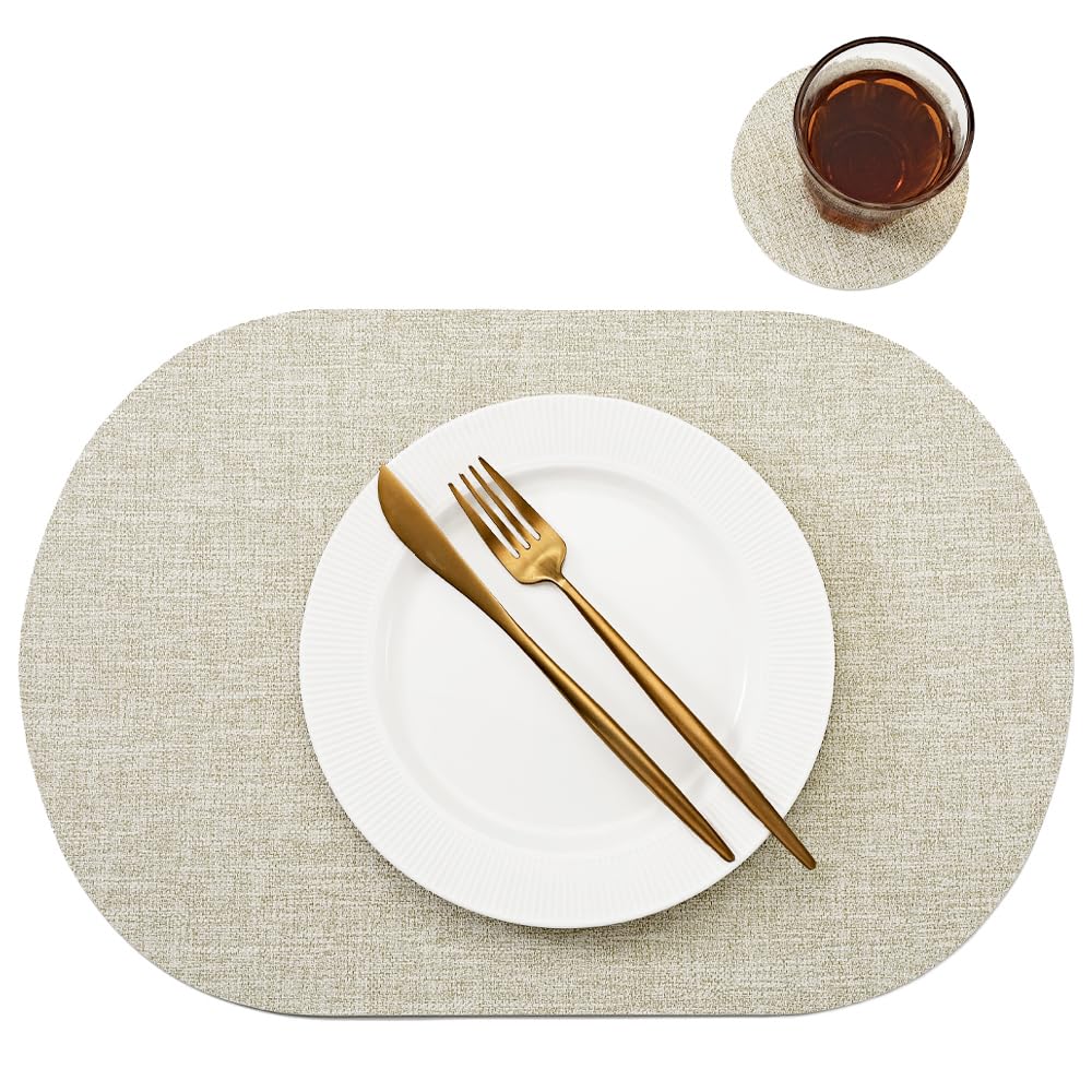 Oval Table Mats Set of 6, Faux Leather Placemats, Heat Resistant & Waterproof(Blue)
