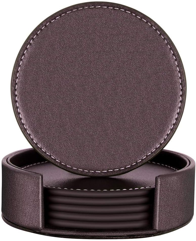 Coasters for Drinks, Thipoten Leather Coasters with Holder, Protect Furniture from Damage(6PCS, Black)
