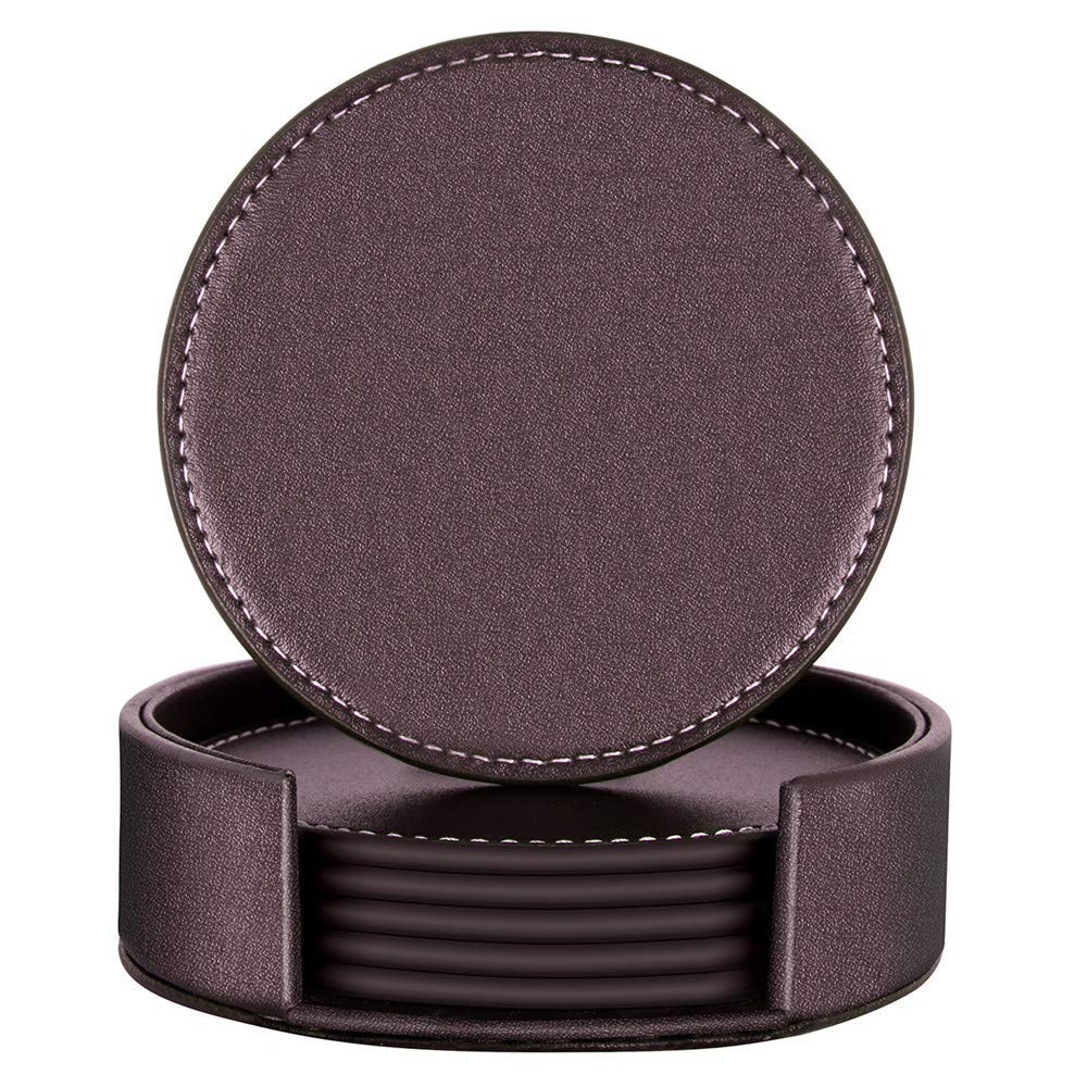 Coasters for Drinks, Thipoten Leather Coasters with Holder, Protect Furniture from Damage(6PCS, Black)