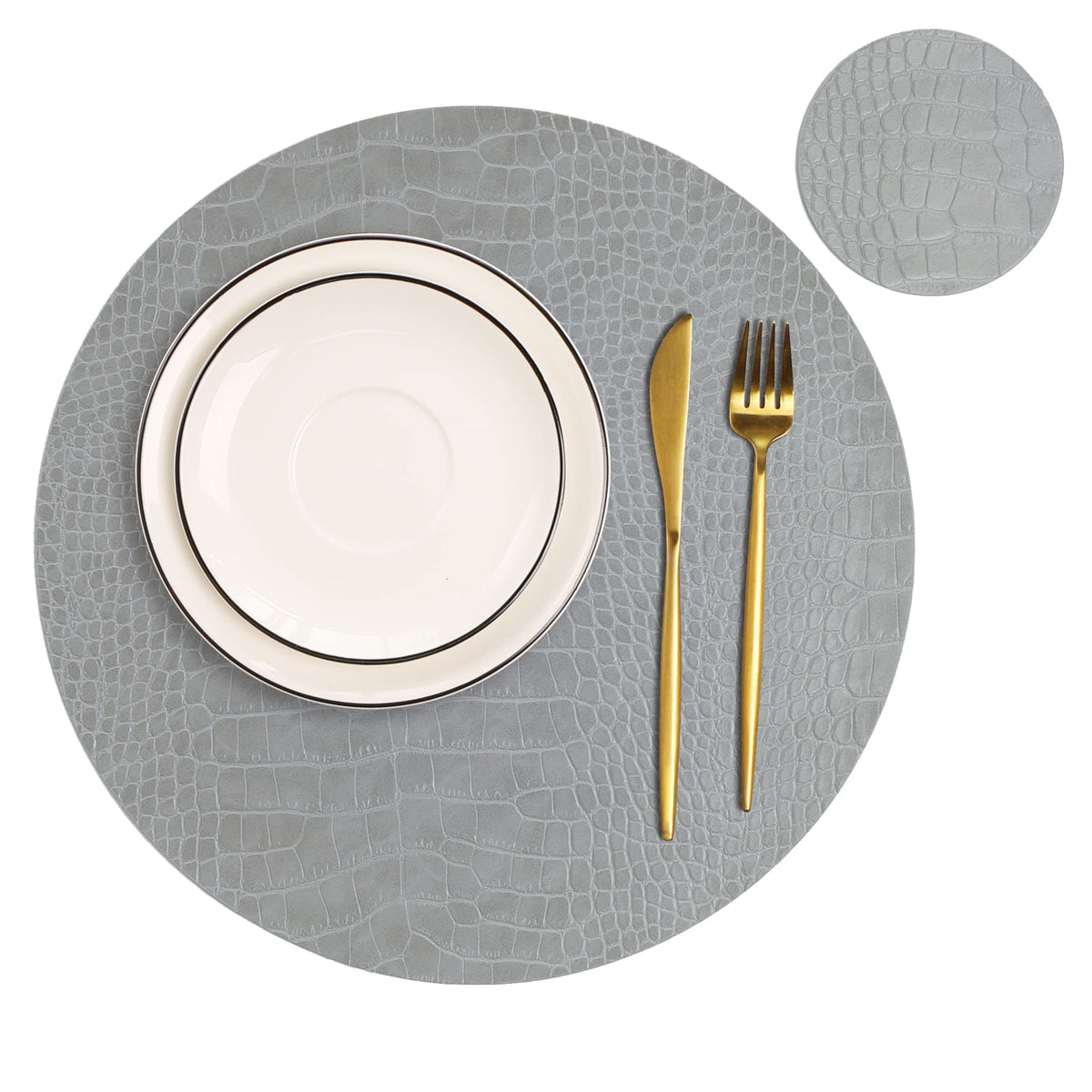 Jovono Round Leather Placemats for Round Tables Set of 4, Brown Place Mats and Coasters, Wipeable Waterproof Heat Resistant Table Mats Easy to Care for Indoor Decor 13 inch Diameter