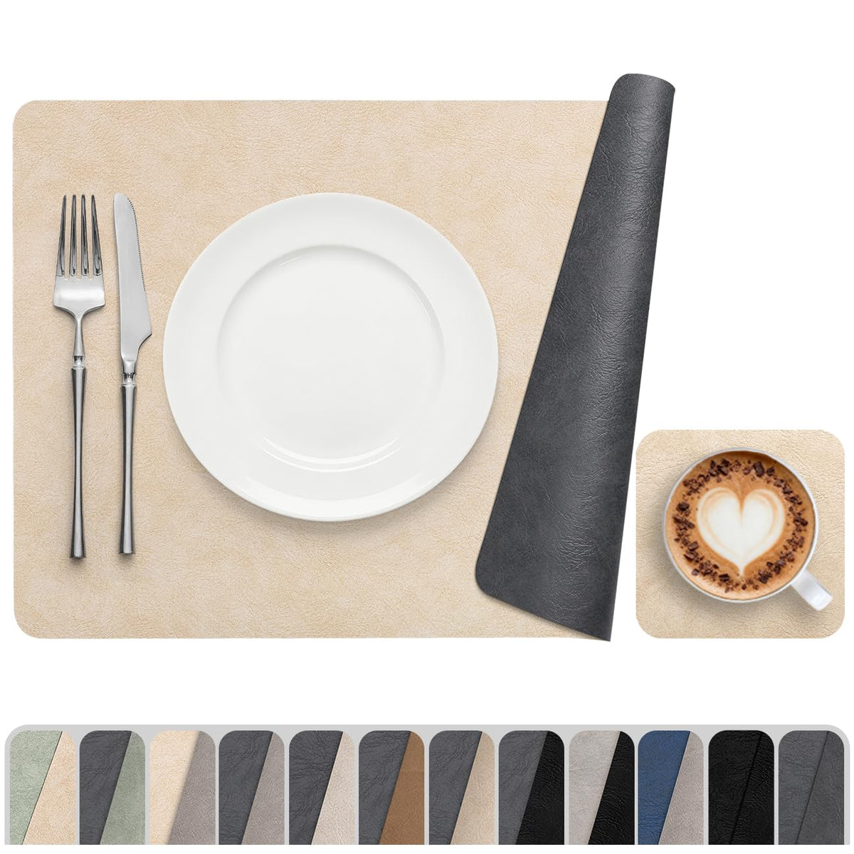 Vinyl Placemats Set of 6, Dual Sided Place Mats with Drink Coasters