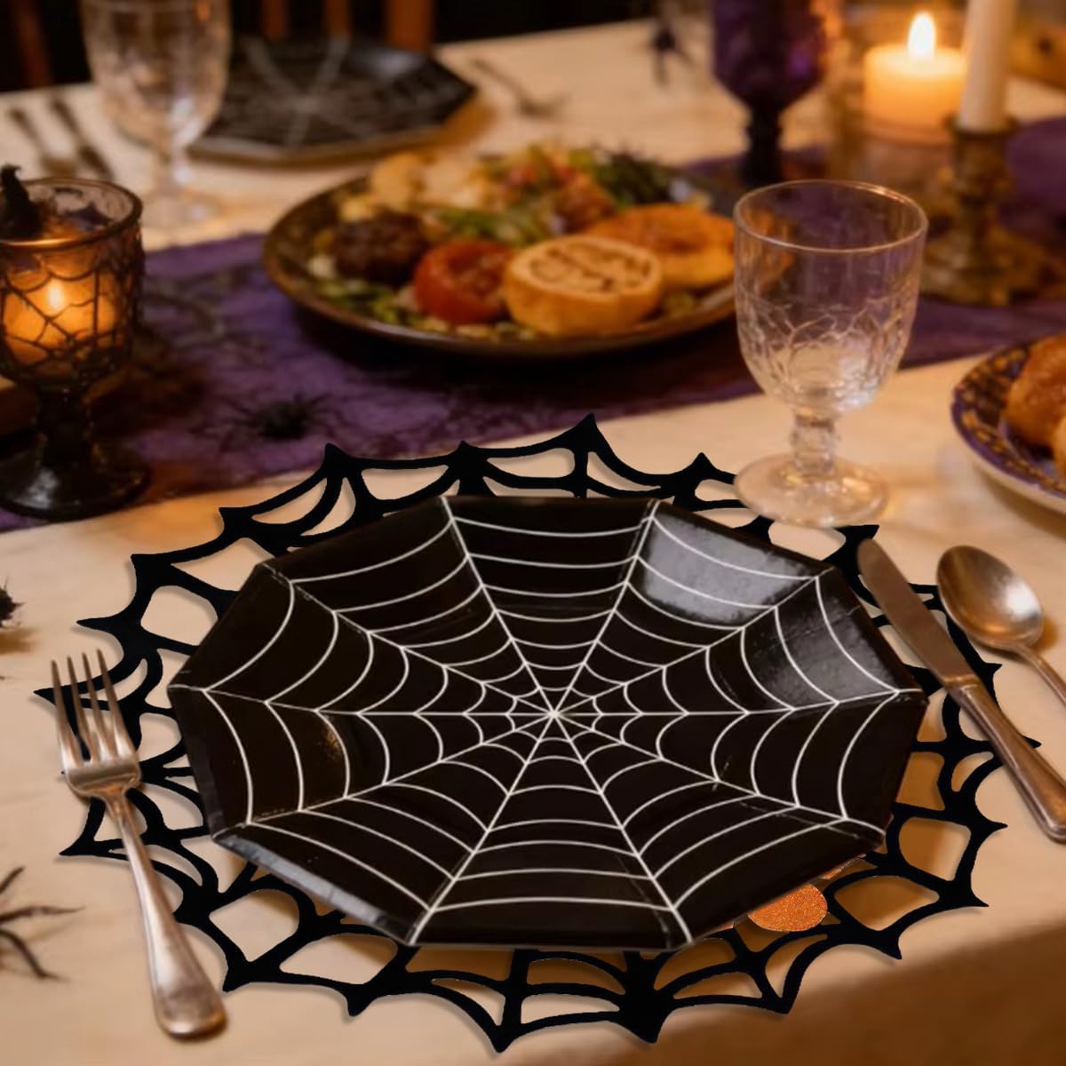 Halloween Spider Web Placemats Set of 6, Hollow Out Spider Web Coasters Placemat Dining Table Mats Decor for Holiday Party Decorations