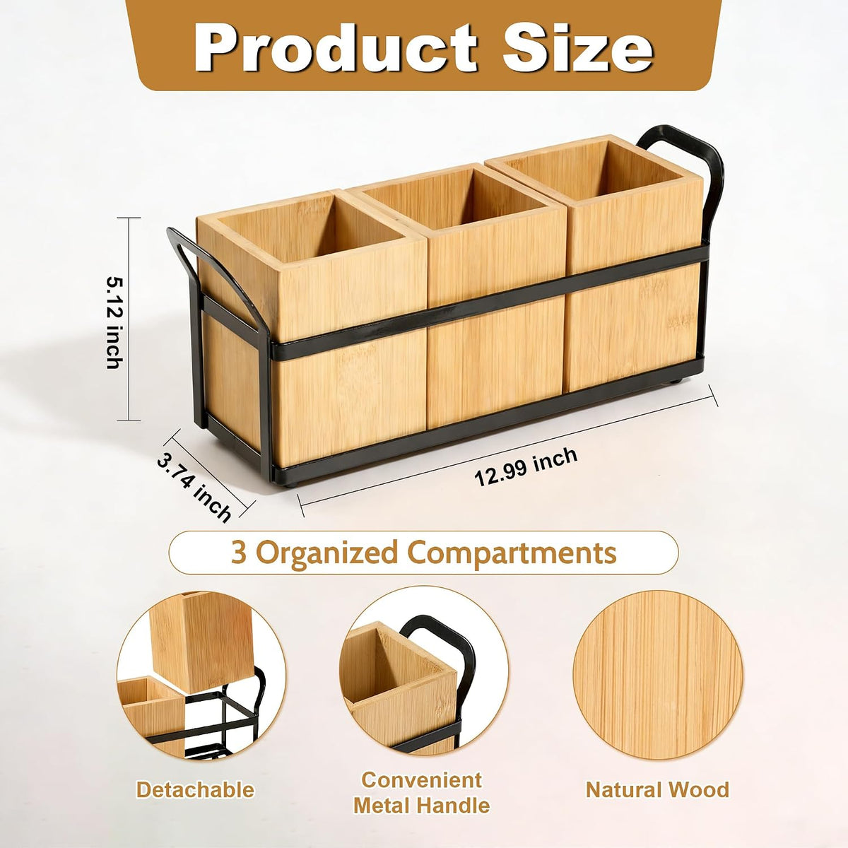 Bamboo Silverware Caddy for Kitchen Countertop, Wooden Utensil Holder