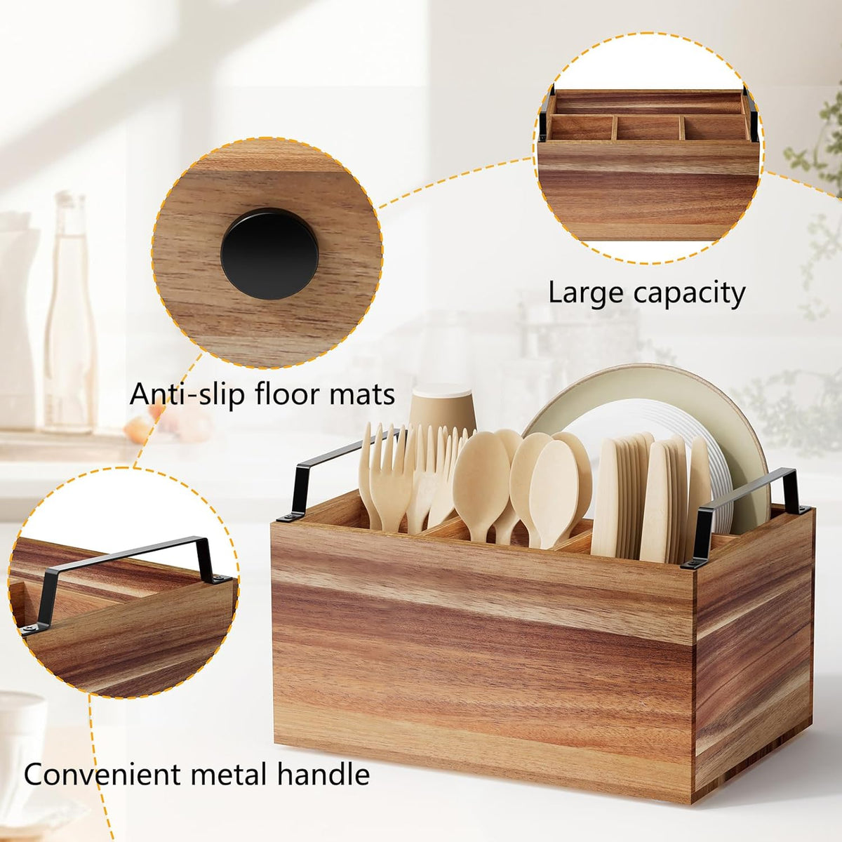 Acacia Wood Utensil Holder, Wooden Silverware Caddy for Party, Wooden Silverware Caddy Organizer, Utensil Holder for Party, Utensil Organizer for Countertop